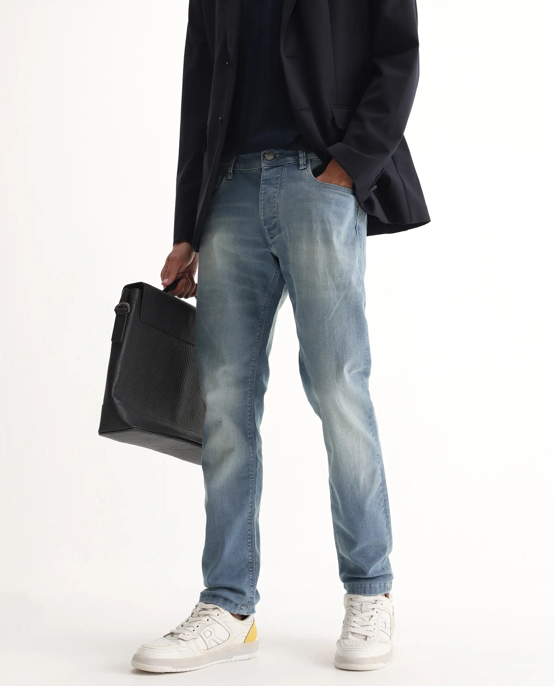 Rare Rabbit Men's Orsica Fluorescent Blue Cotton Plain Hawk Slim Fit Jeans