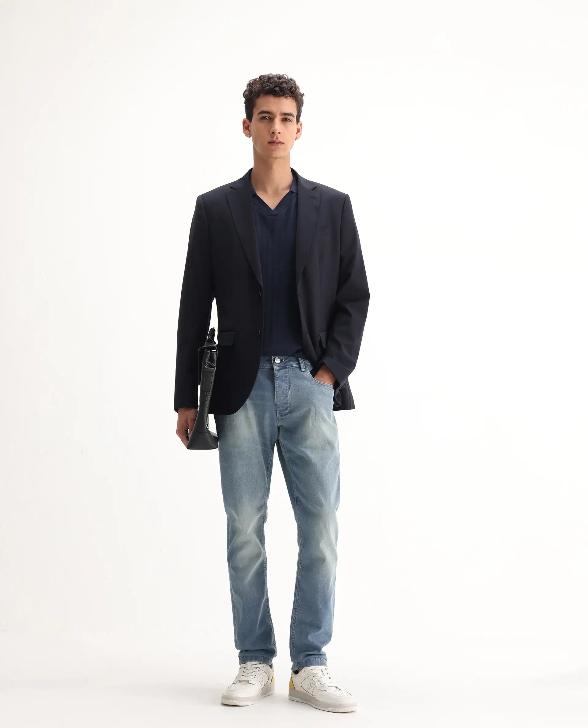 Rare Rabbit Men's Orsica Fluorescent Blue Cotton Plain Hawk Slim Fit Jeans