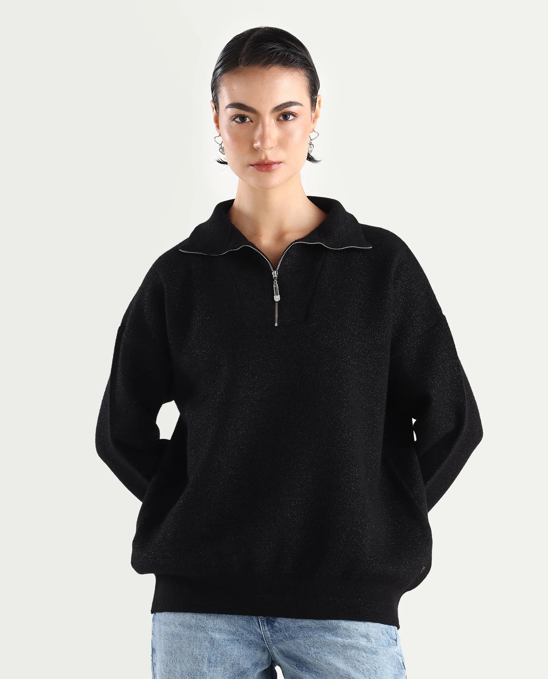 Rareism Women's Ortaca Black High Neck Plain Relaxed Fit Sweater