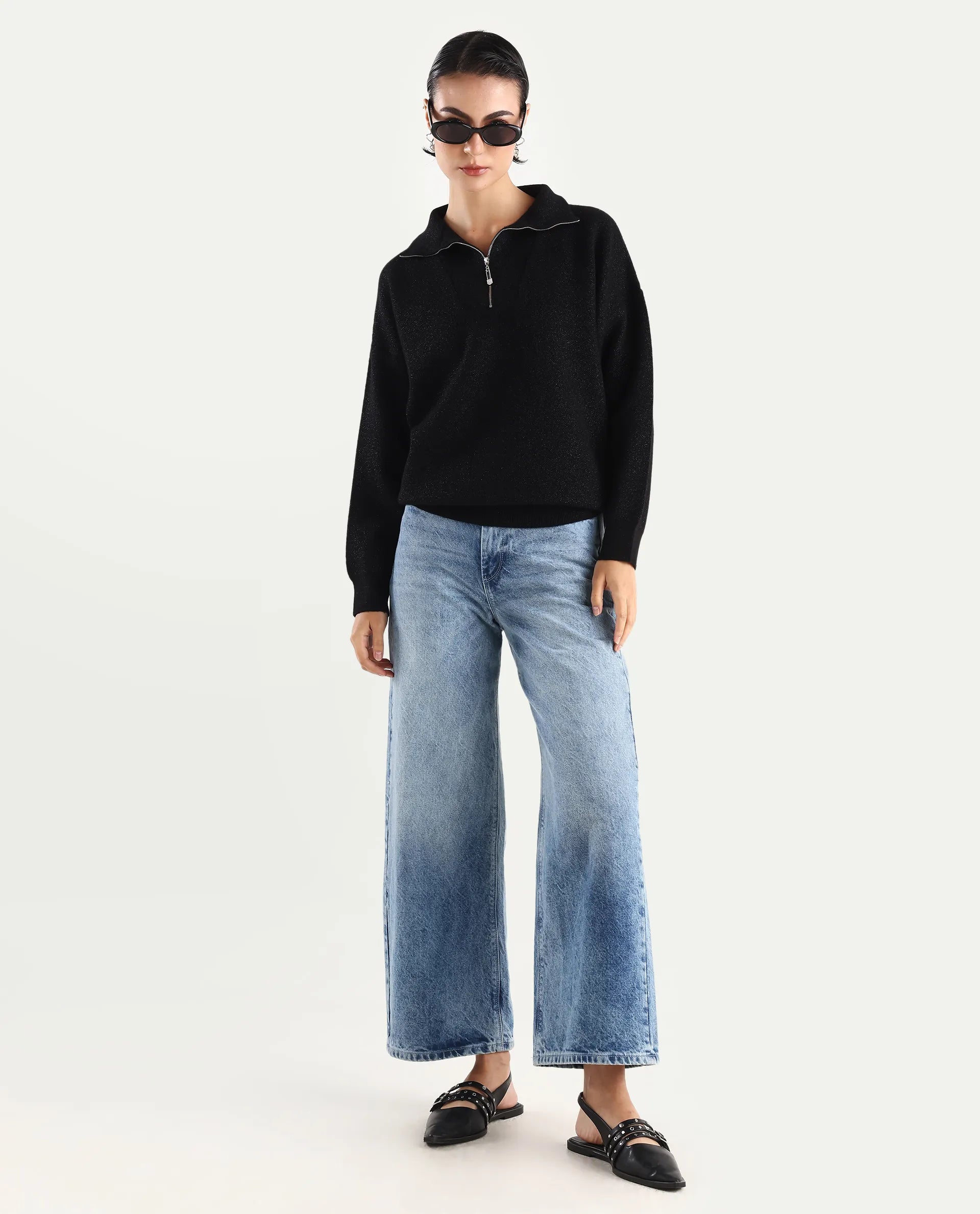 Rareism Women's Ortaca Black High Neck Plain Relaxed Fit Sweater
