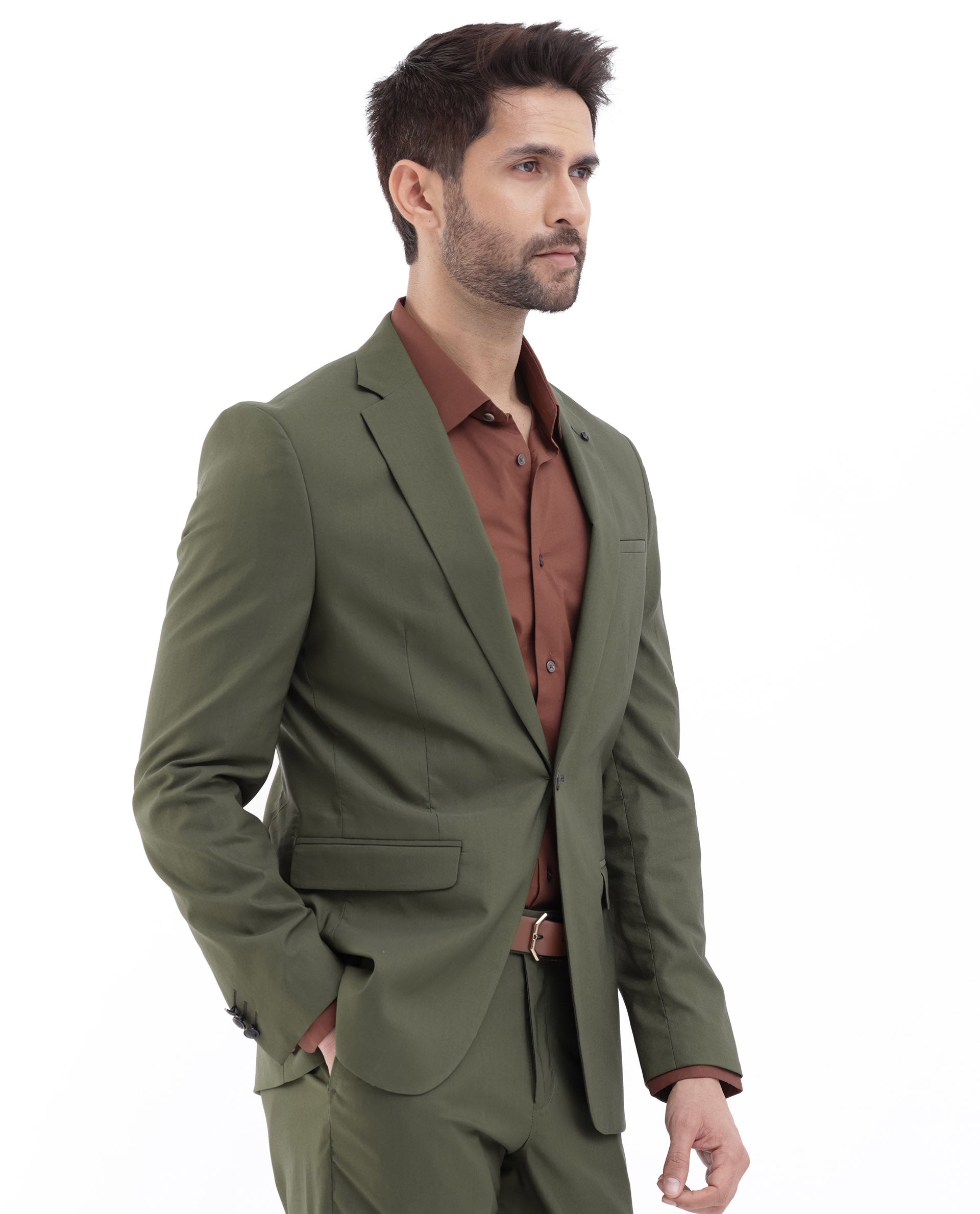 Rare Rabbit Mens Oscar Dark Olive Polyester Viscose Fabric Notch Lapel Button Closure Single Breasted Tailored Fit Solid Suits