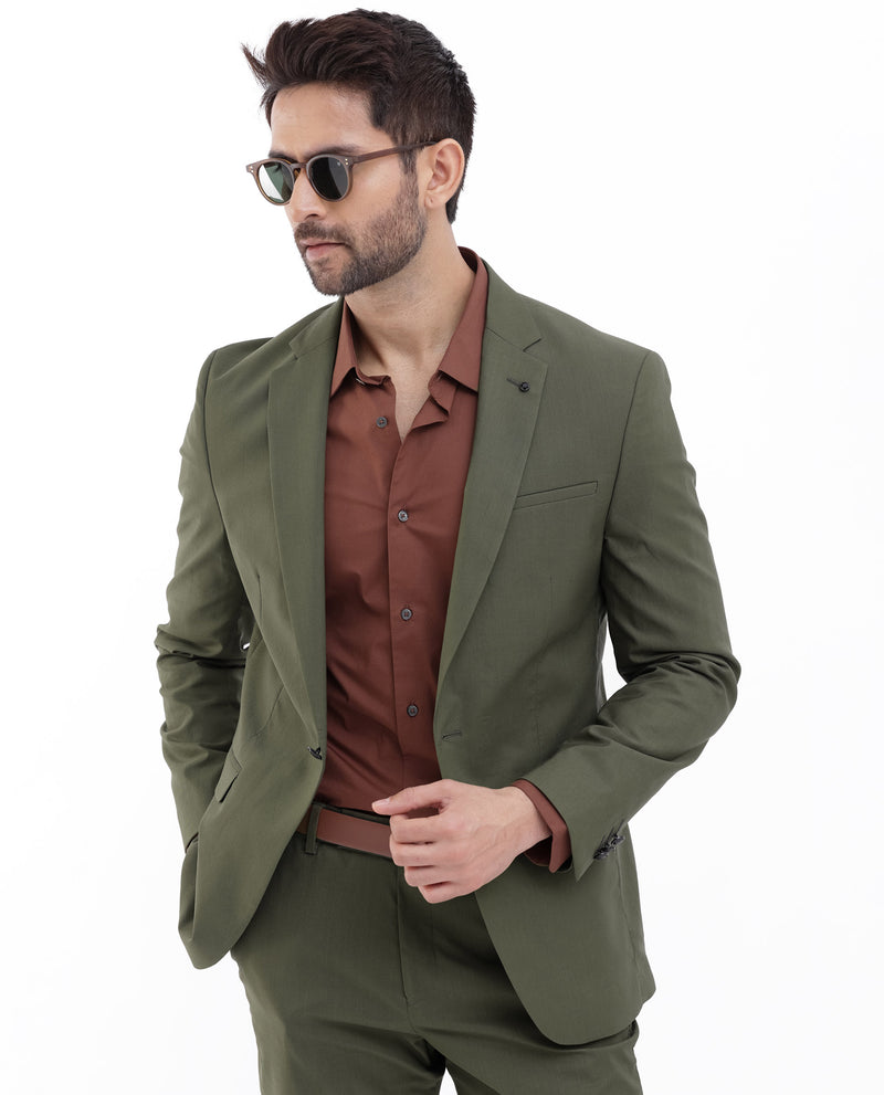 Rare Rabbit Mens Oscar Dark Olive Polyester Viscose Fabric Notch Lapel Button Closure Single Breasted Tailored Fit Solid Suits