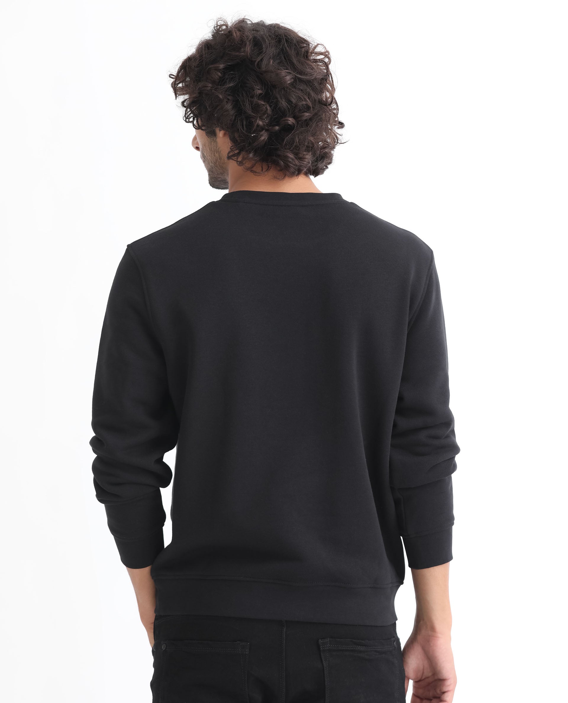 Rare Rabbit Men's Osin Black Cotton Polyester Fabric Full Sleeves Graphic Print Knitted Sweatshirt