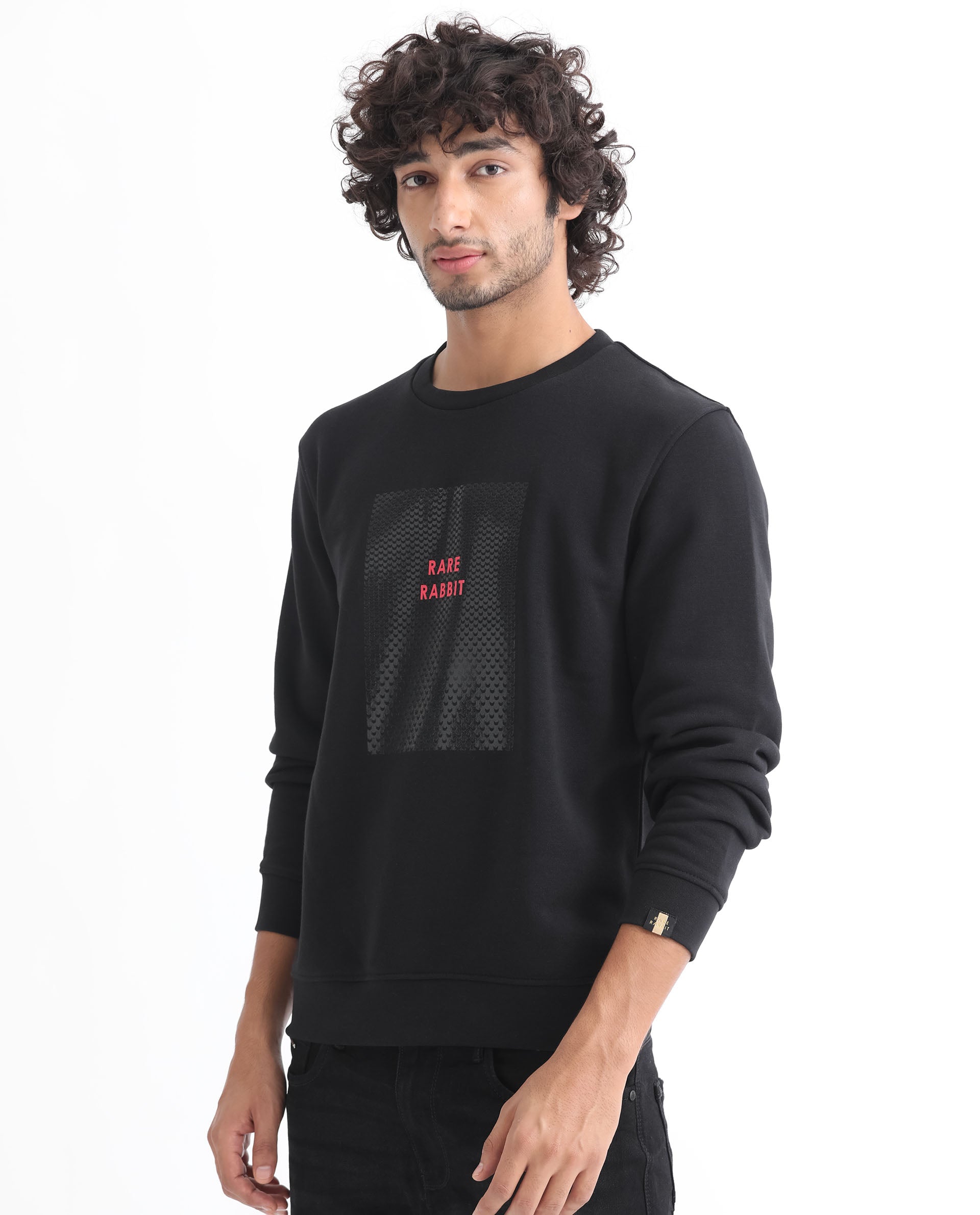 Rare Rabbit Men's Osin Black Cotton Polyester Fabric Full Sleeves Graphic Print Knitted Sweatshirt