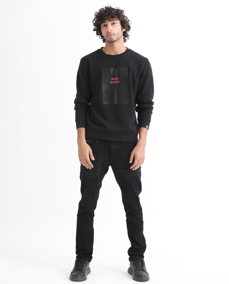 RARE RABBIT MENS OSIN BLACK SWEATSHIRT COTTON POLYESTER FABRIC ROUND NECK KNITTED FULL SLEEVES COMFORTABLE FIT