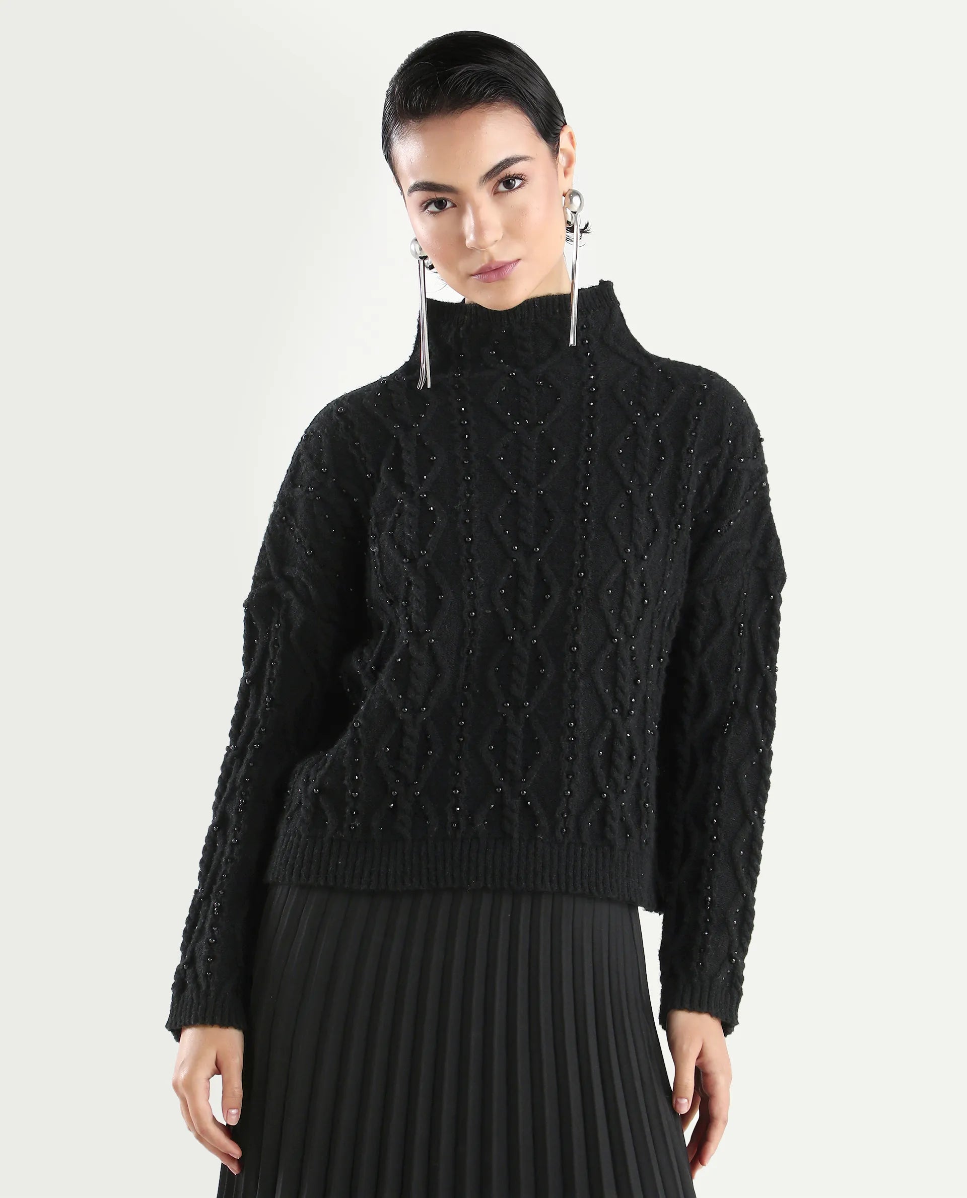 Rareism Women's Osmaniye Black Polyester High Neck Plain Relaxed Fit Sweater