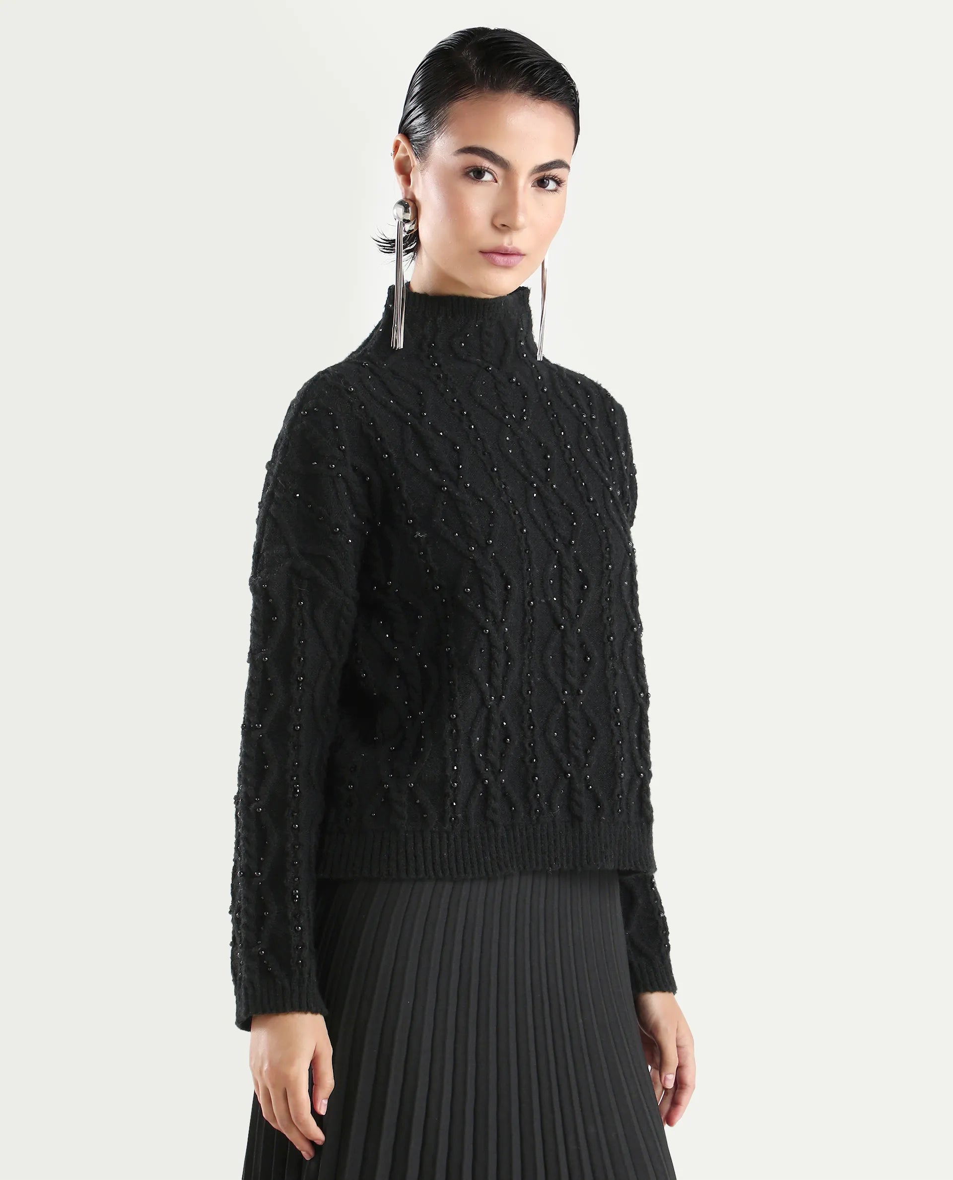 Rareism Women's Osmaniye Black Polyester High Neck Plain Relaxed Fit Sweater