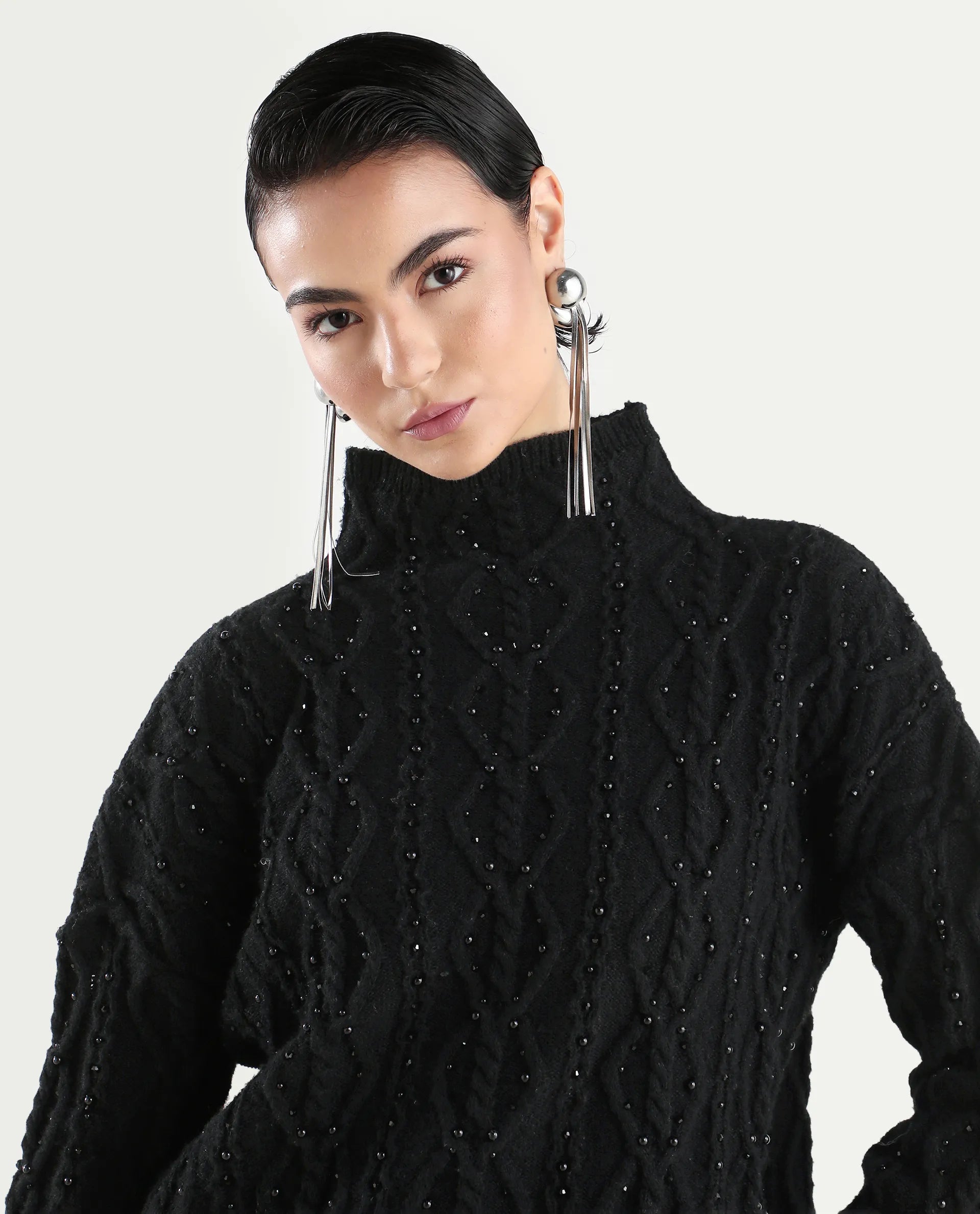 Rareism Women's Osmaniye Black Polyester High Neck Plain Relaxed Fit Sweater