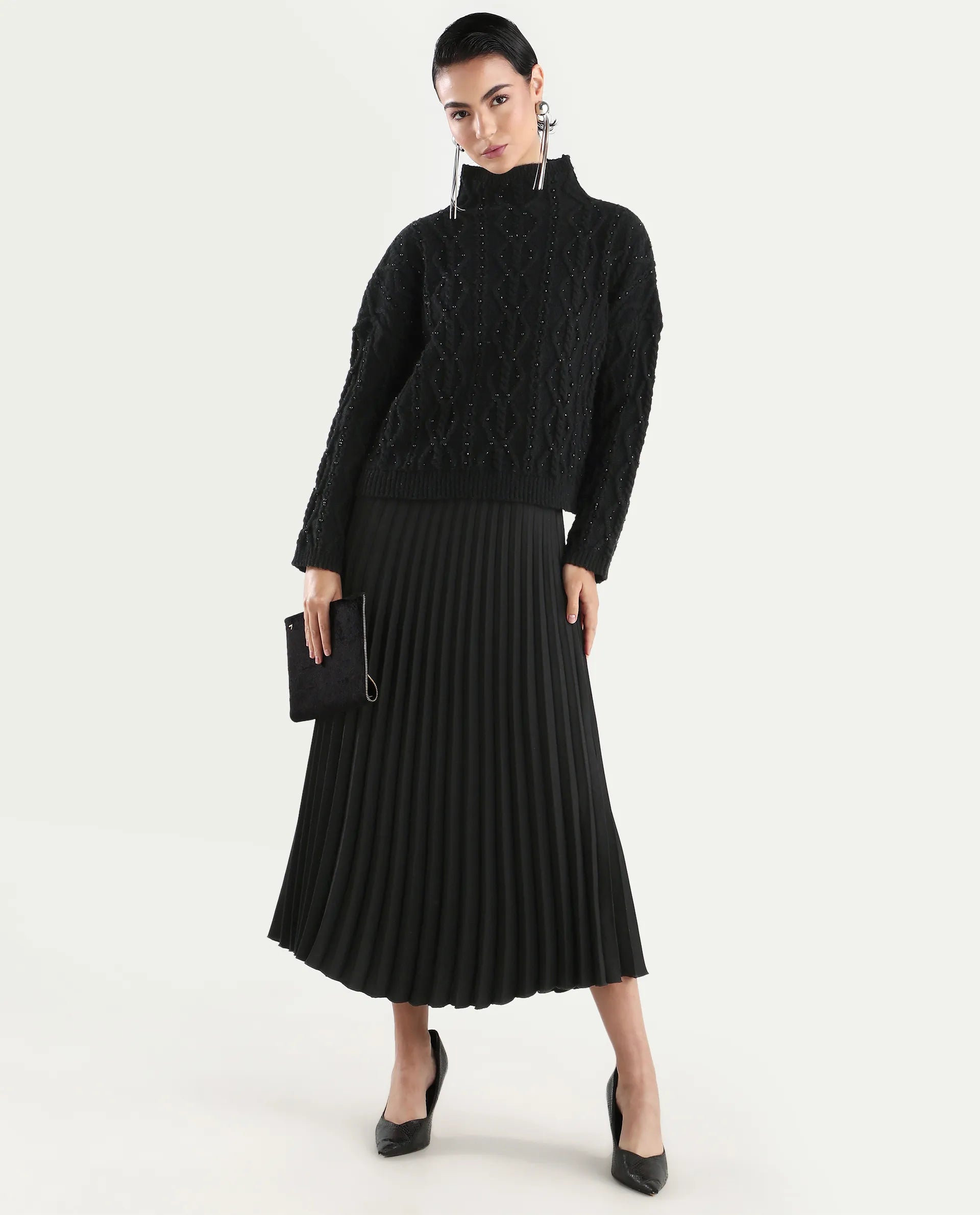 Rareism Women's Osmaniye Black Polyester High Neck Plain Relaxed Fit Sweater