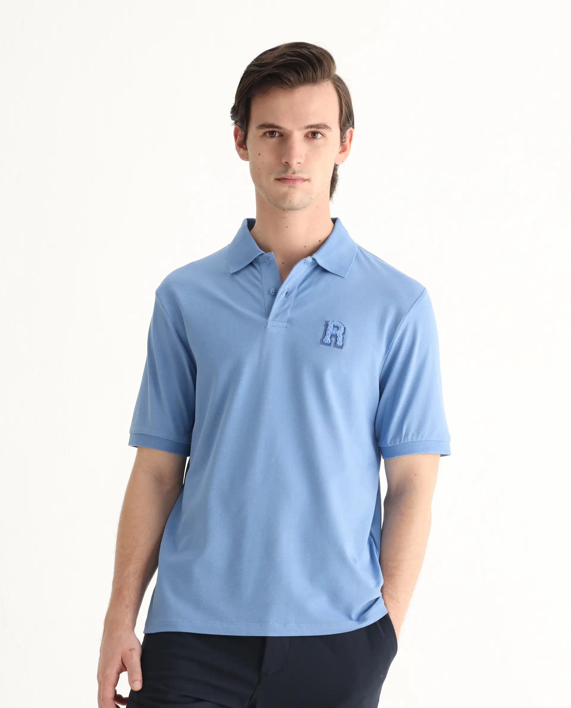 Rare Rabbit Men's Otes Blue Cotton Plain Regular Fit Half Sleeve Polo