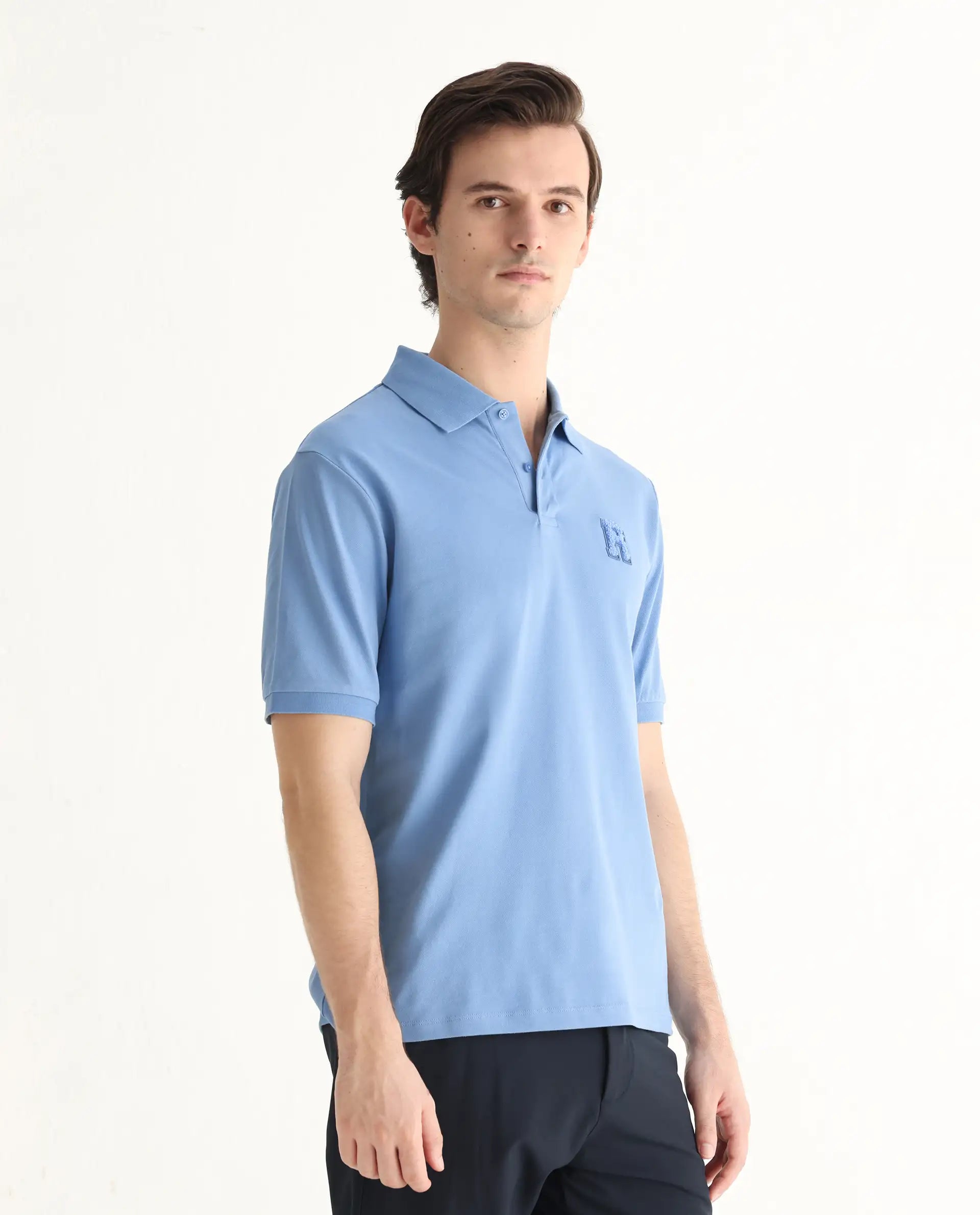 Rare Rabbit Men's Otes Blue Cotton Plain Regular Fit Half Sleeve Polo