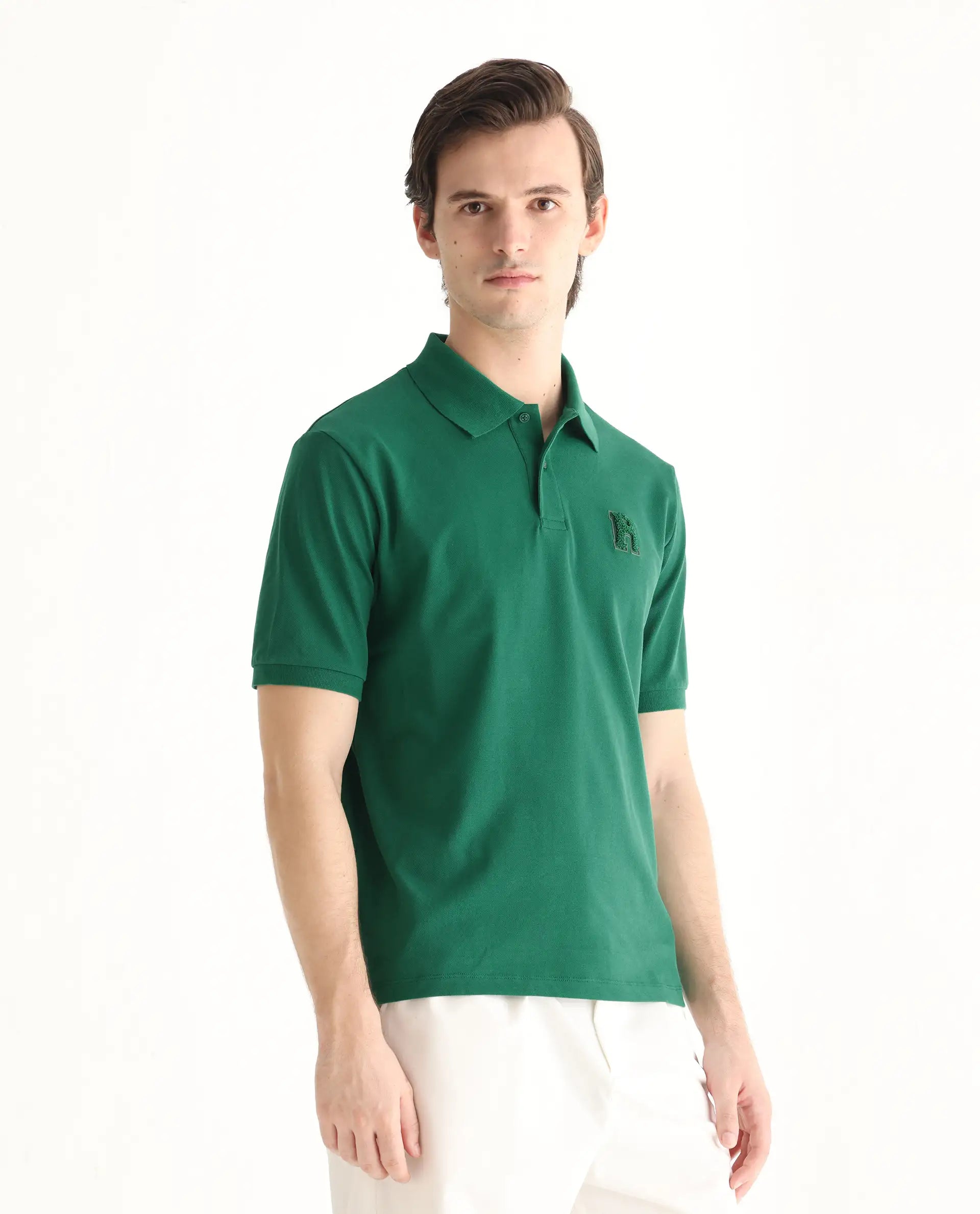 Rare Rabbit Men's Otes Green Cotton Plain Regular Fit Half Sleeve Polo