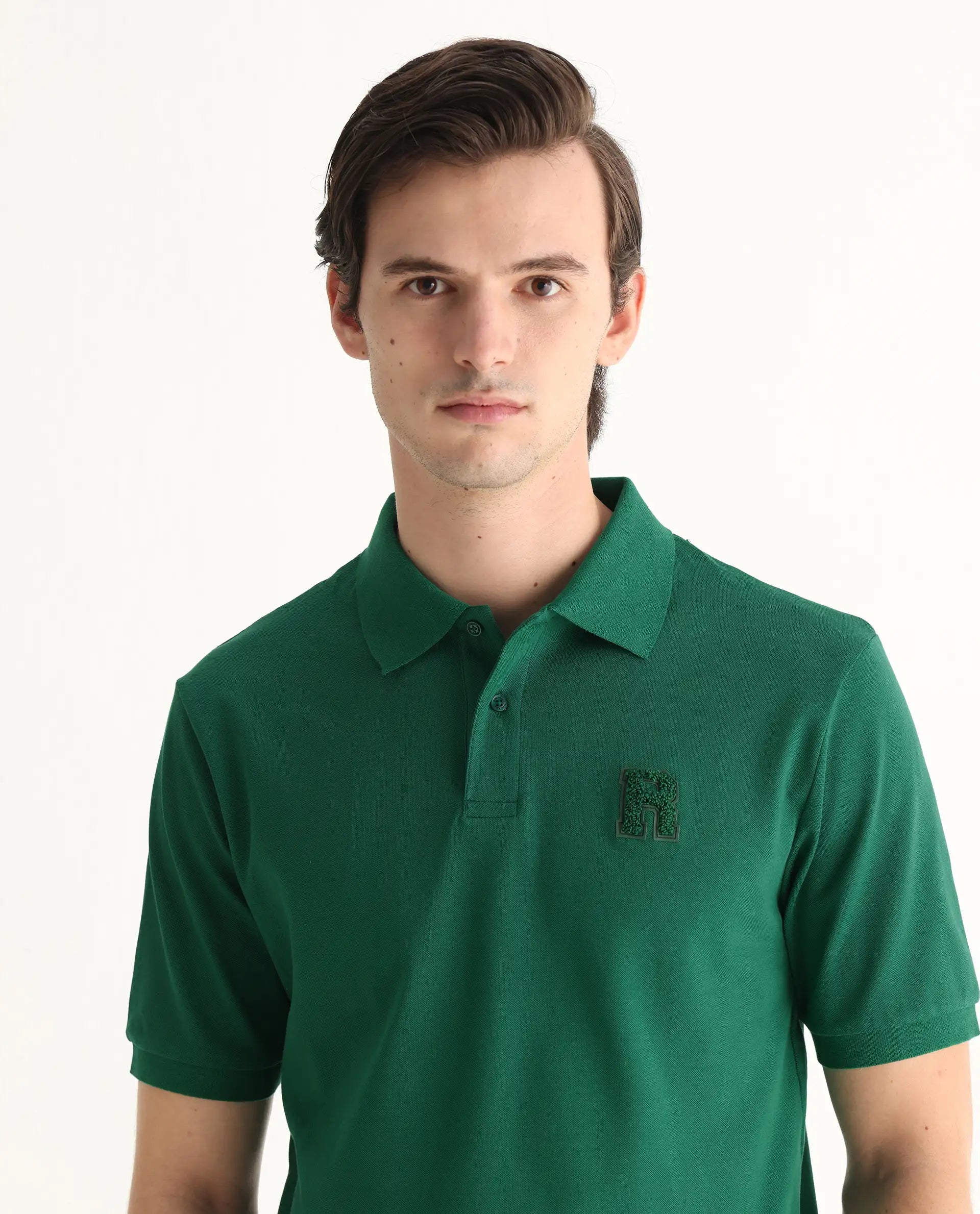 Rare Rabbit Men's Otes Green Cotton Plain Regular Fit Half Sleeve Polo