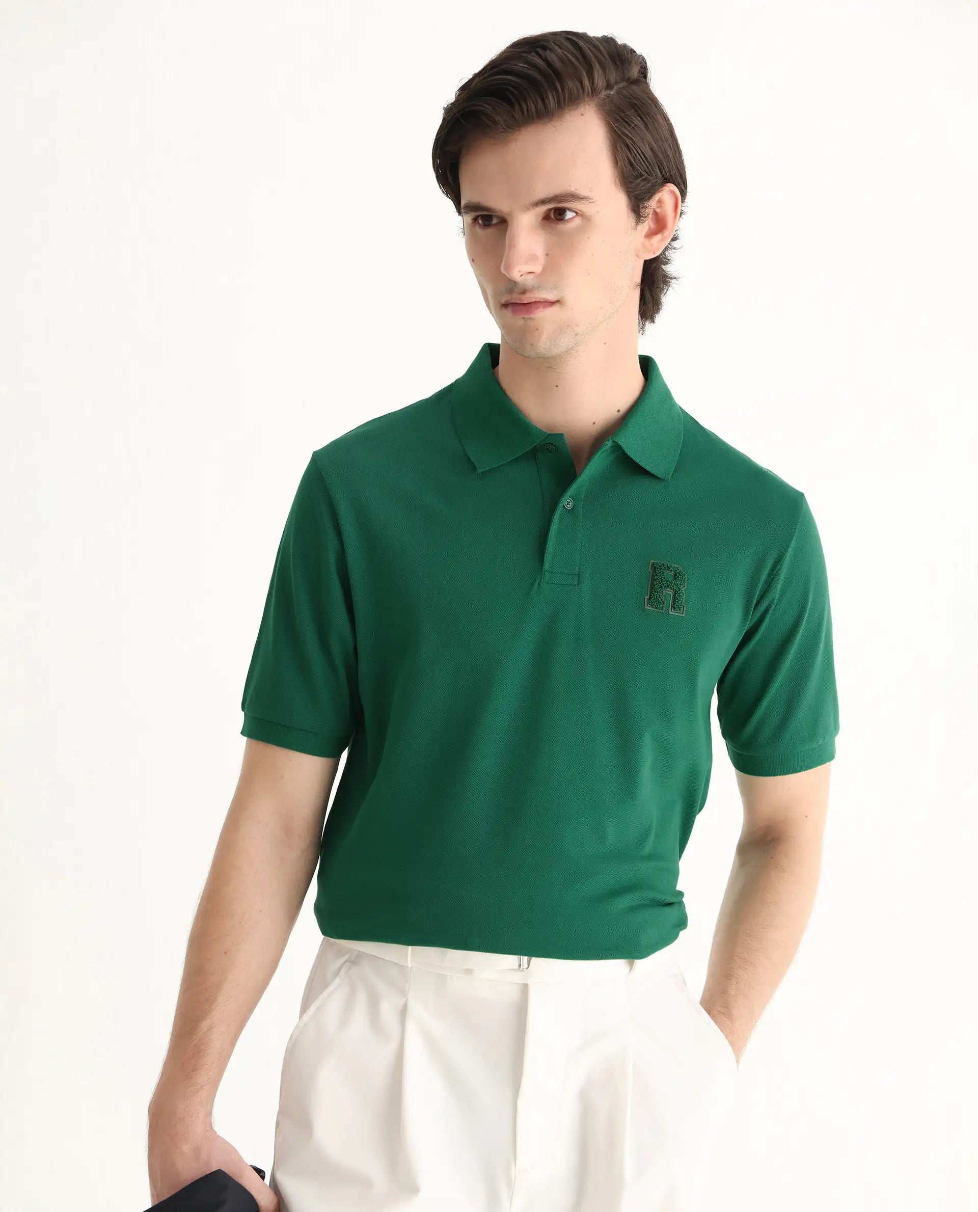Rare Rabbit Men's Otes Green Cotton Plain Regular Fit Half Sleeve Polo