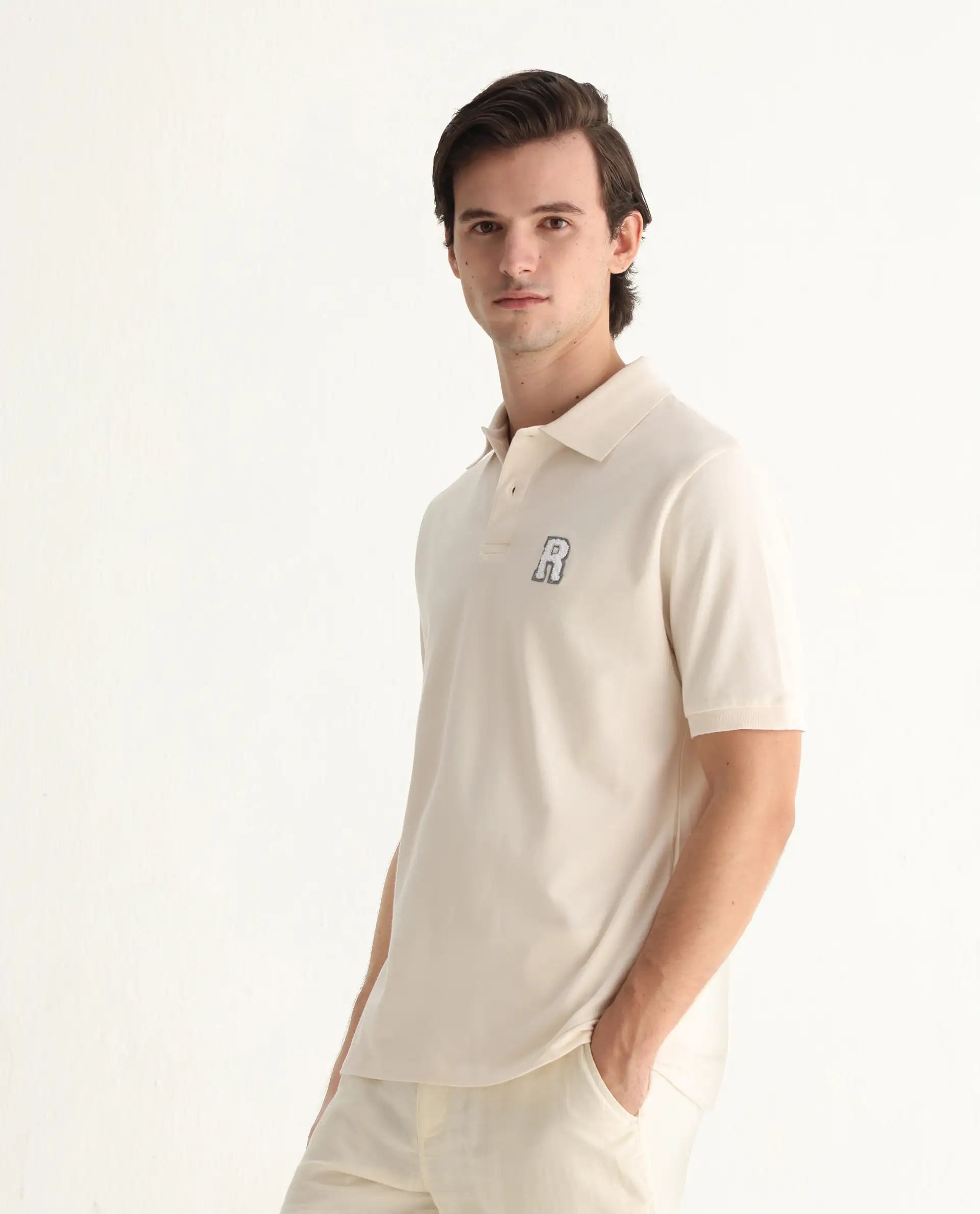 Rare Rabbit Men's Otes Off White Cotton Plain Regular Fit Half Sleeve Polo