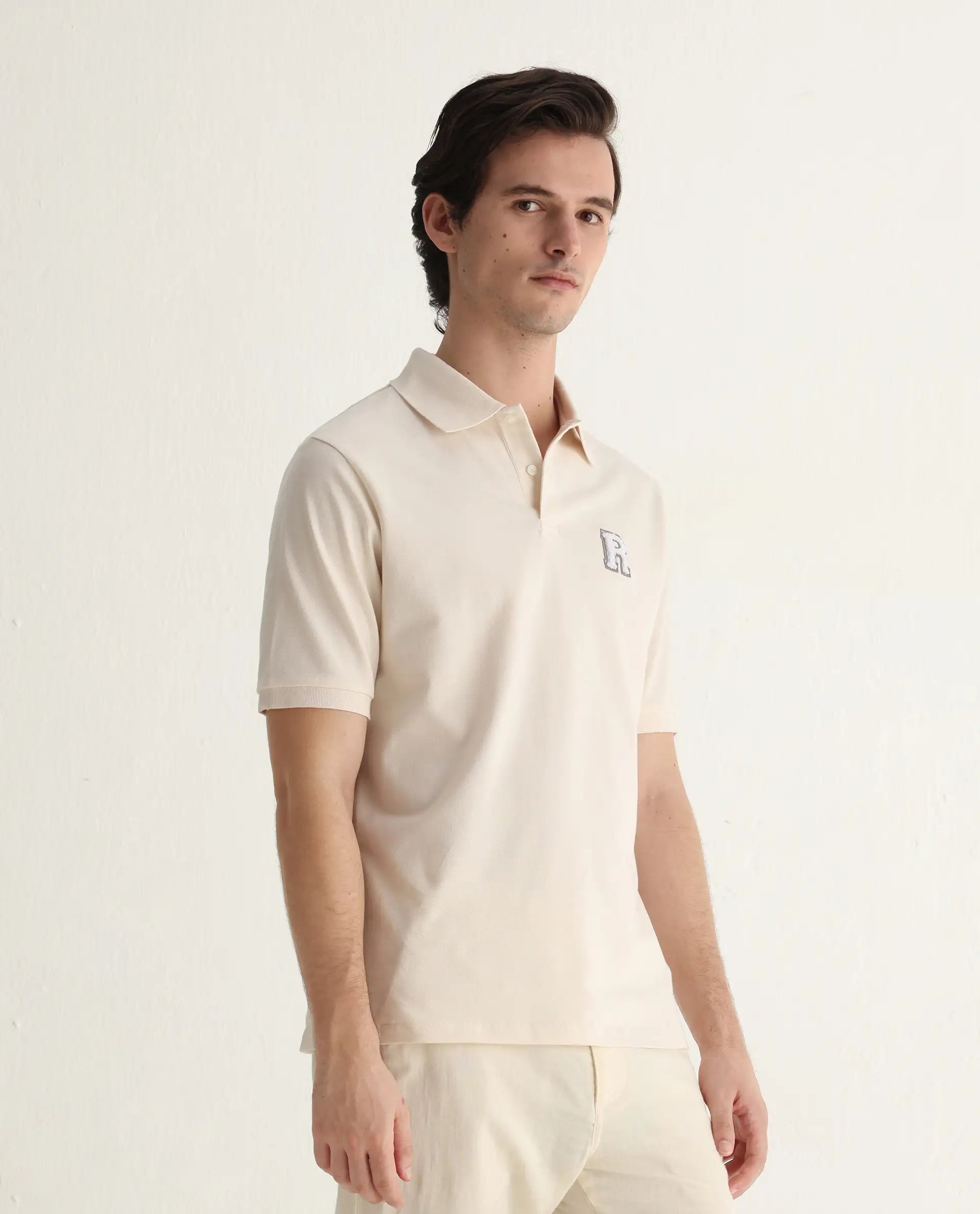 Rare Rabbit Men's Otes Off White Cotton Plain Regular Fit Half Sleeve Polo
