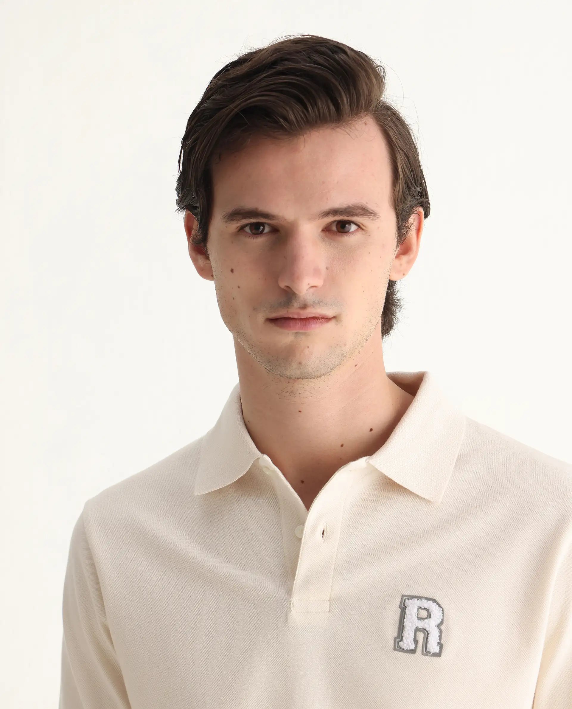 Rare Rabbit Men's Otes Off White Cotton Plain Regular Fit Half Sleeve Polo