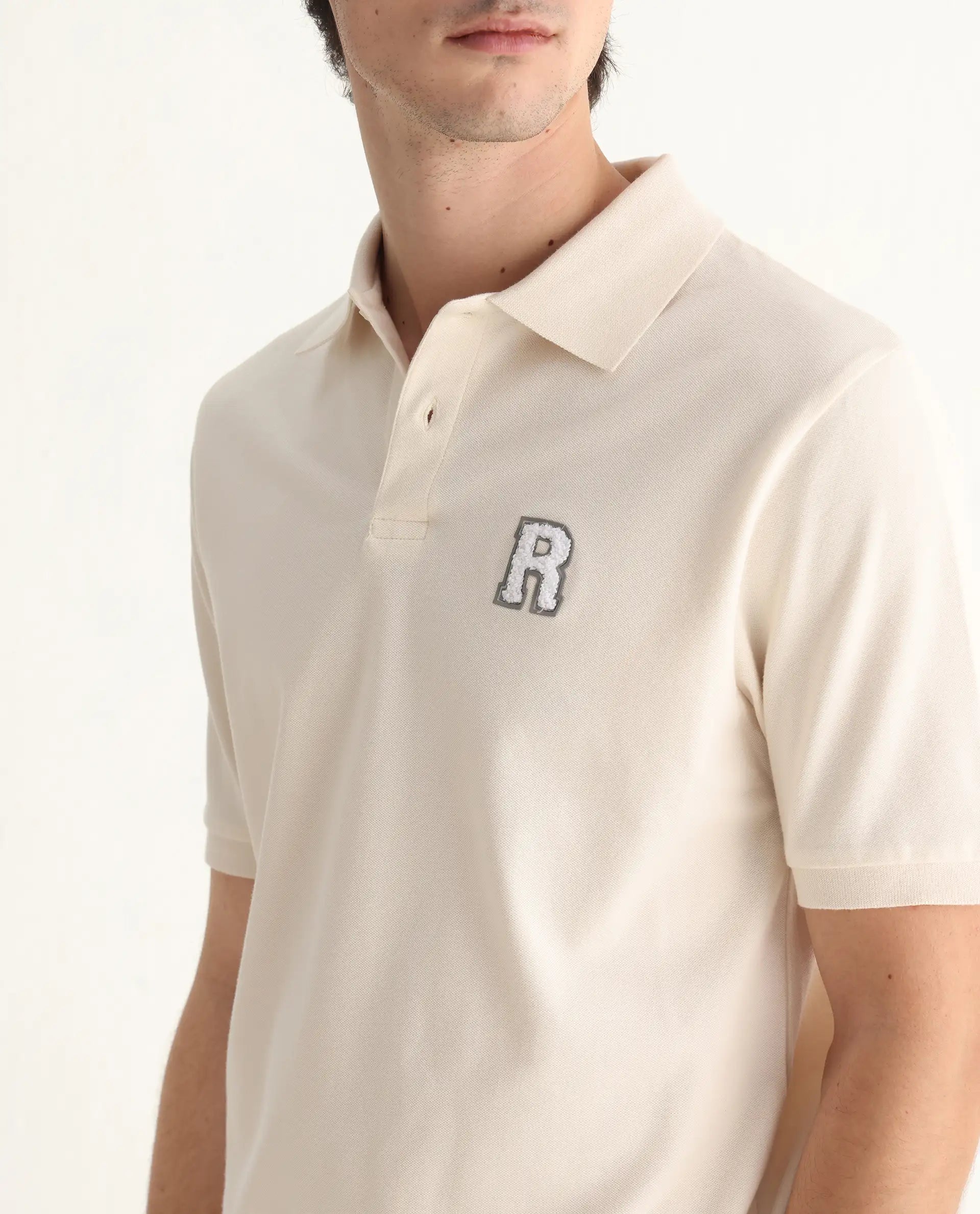 Rare Rabbit Men's Otes Off White Cotton Plain Regular Fit Half Sleeve Polo