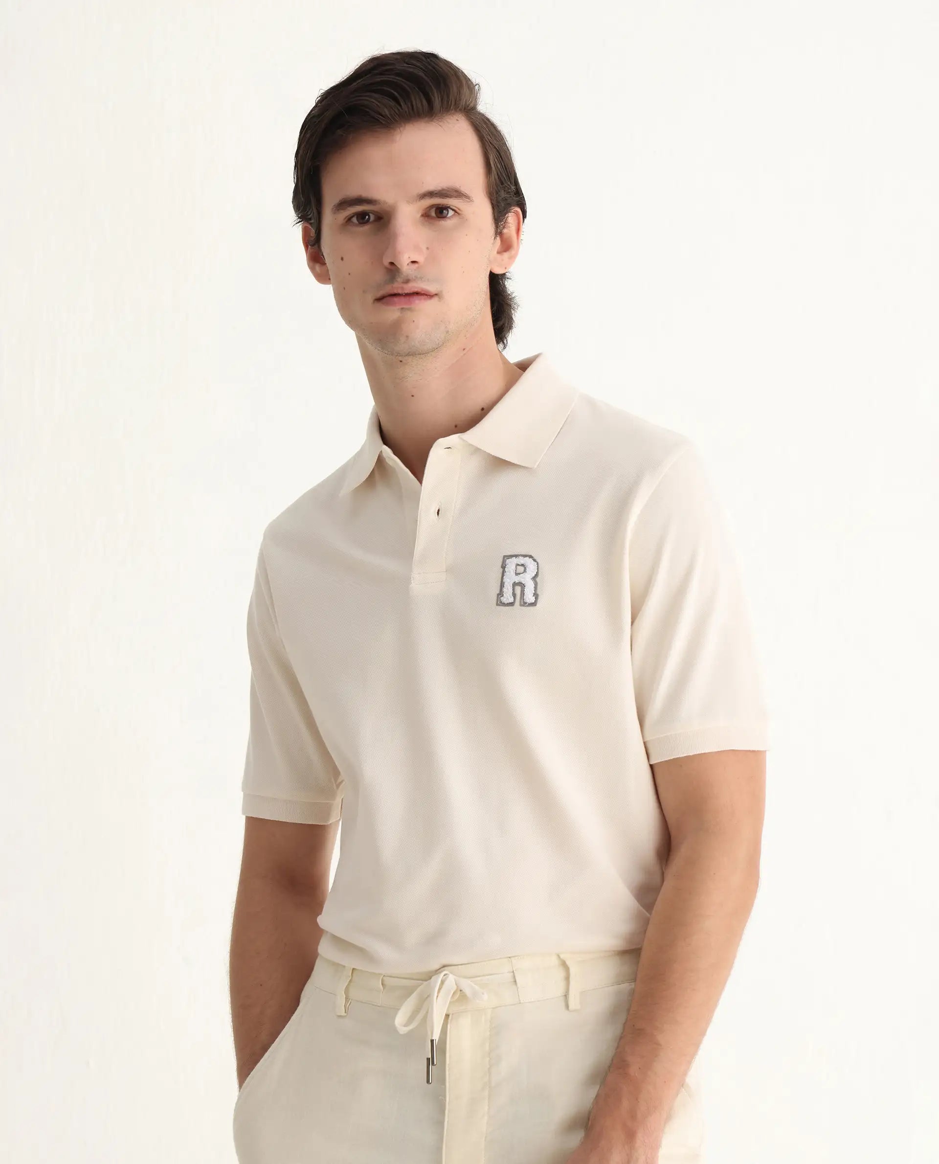 Rare Rabbit Men's Otes Off White Cotton Plain Regular Fit Half Sleeve Polo