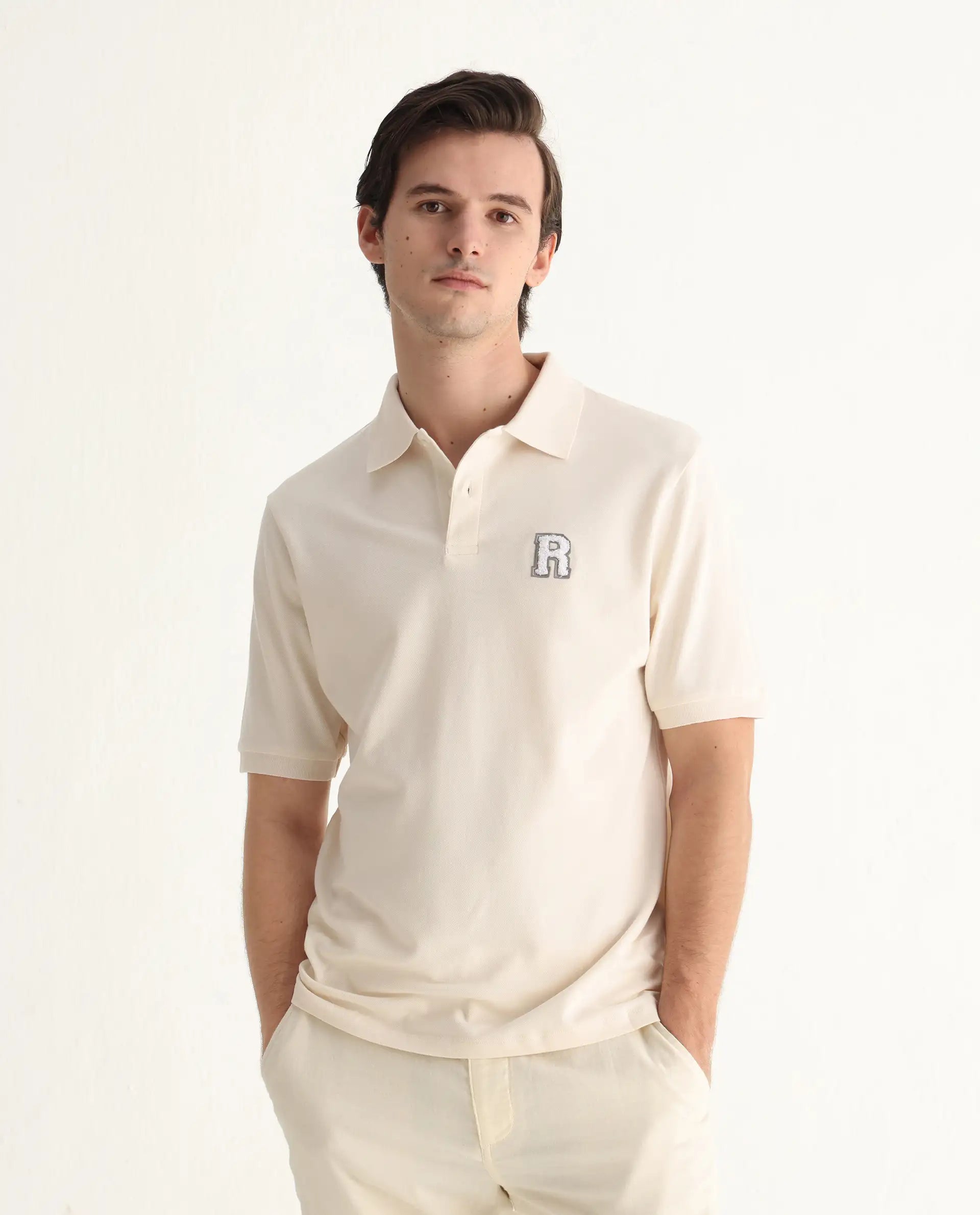 Rare Rabbit Men's Otes Off White Cotton Plain Regular Fit Half Sleeve Polo