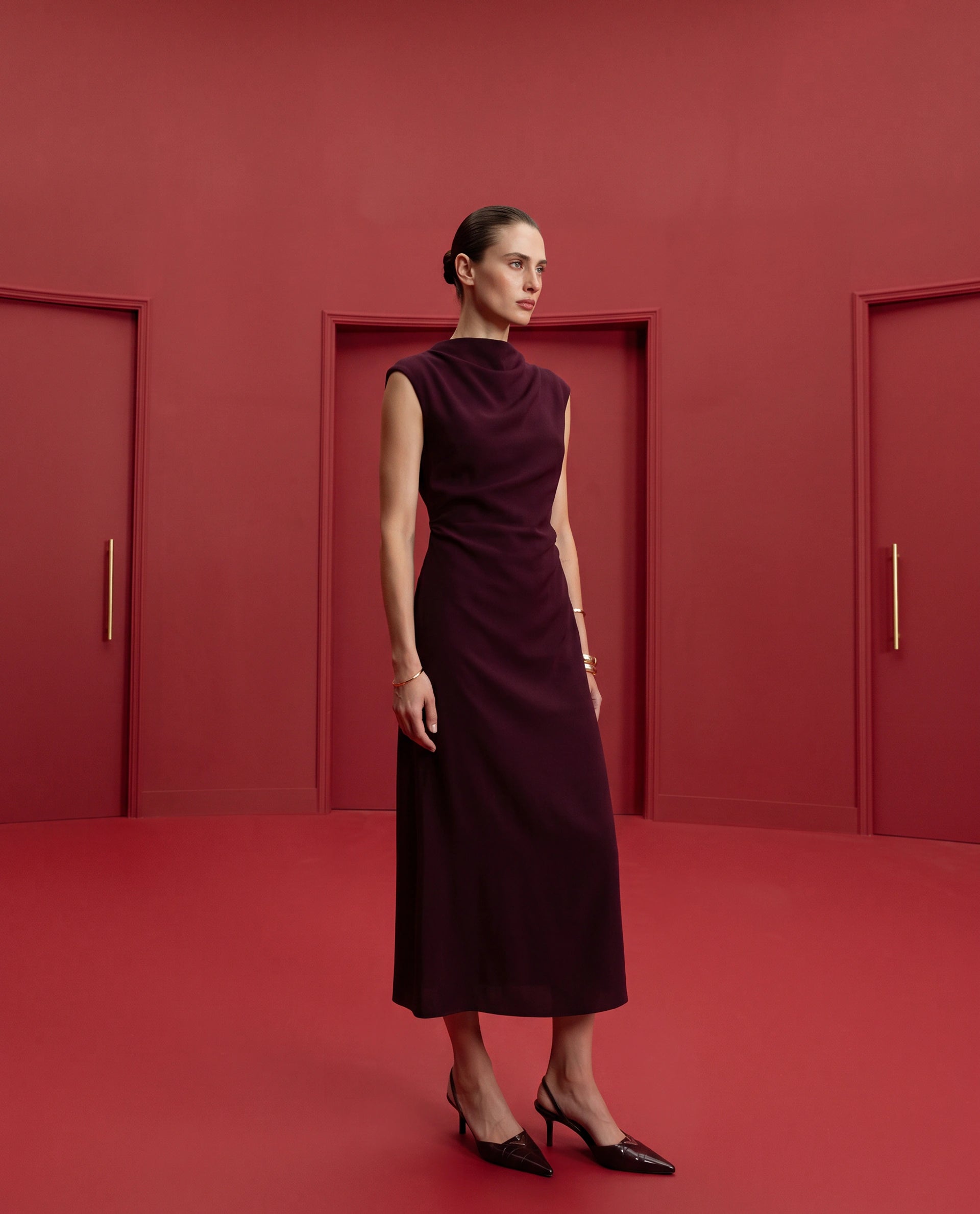 Rareism Women's Otim Maroon Polyester Button And Zip A-Line Plain Dress