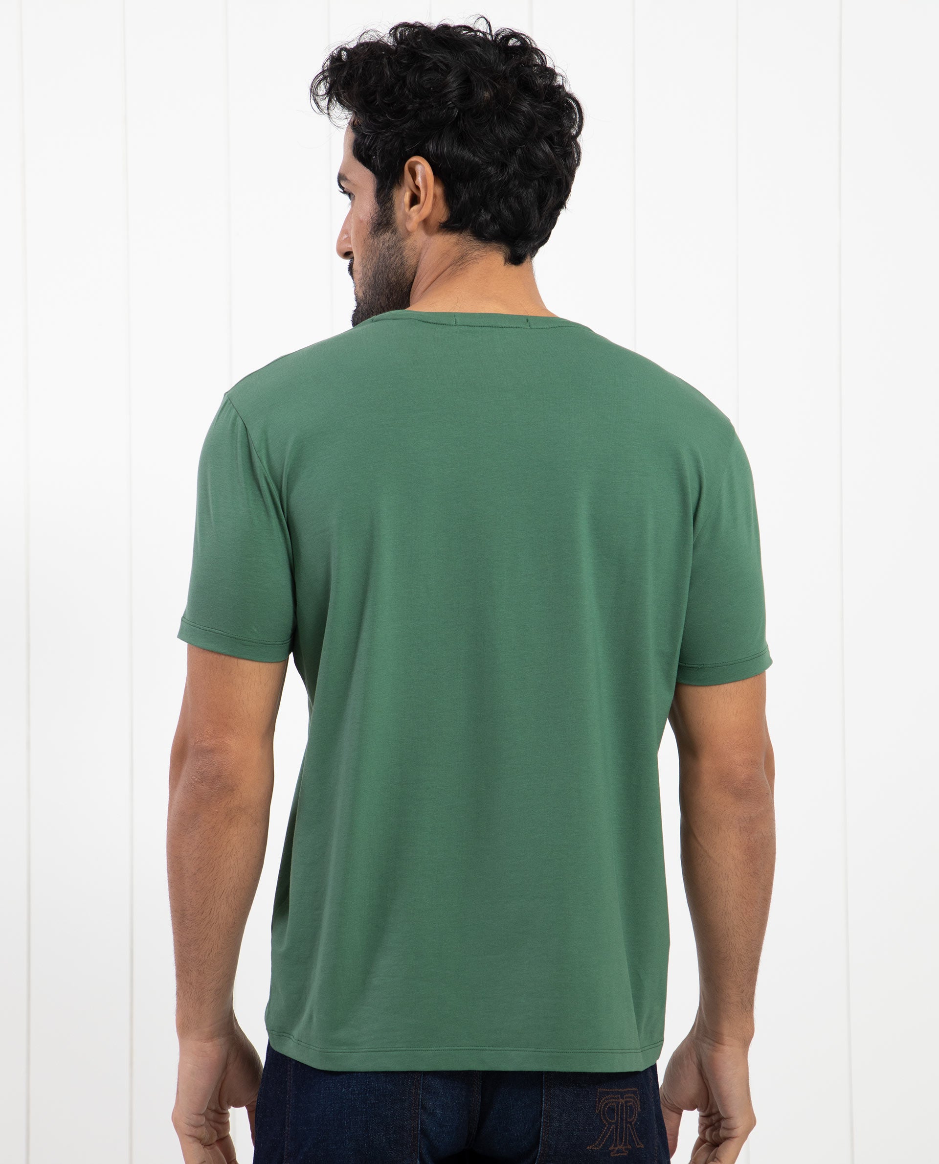 Rare Rabbit Men's Oval-1 Dusky Green Crew Neck Half Sleeves Regular Fit Twill HD Logo Print T-Shirt