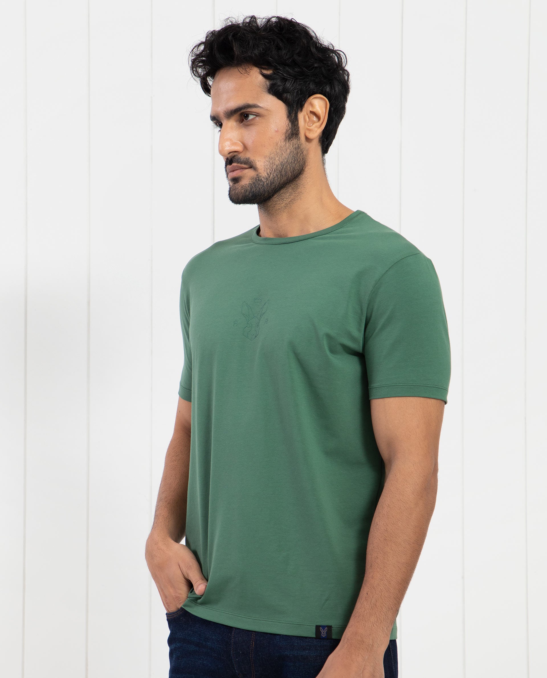 Rare Rabbit Men's Oval-1 Dusky Green Crew Neck Half Sleeves Regular Fit Twill HD Logo Print T-Shirt