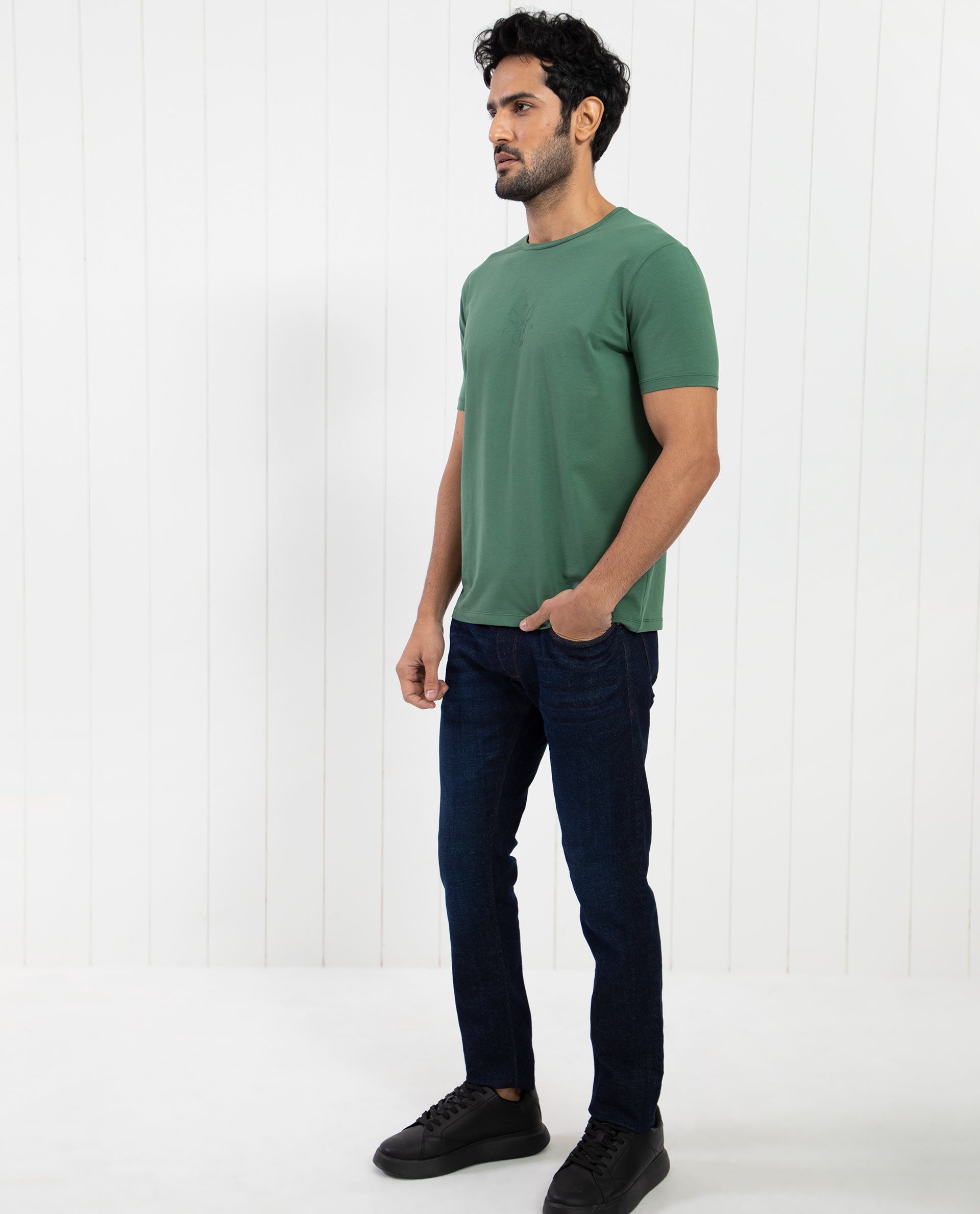 Rare Rabbit Men's Oval-1 Dusky Green Crew Neck Half Sleeves Regular Fit Twill HD Logo Print T-Shirt