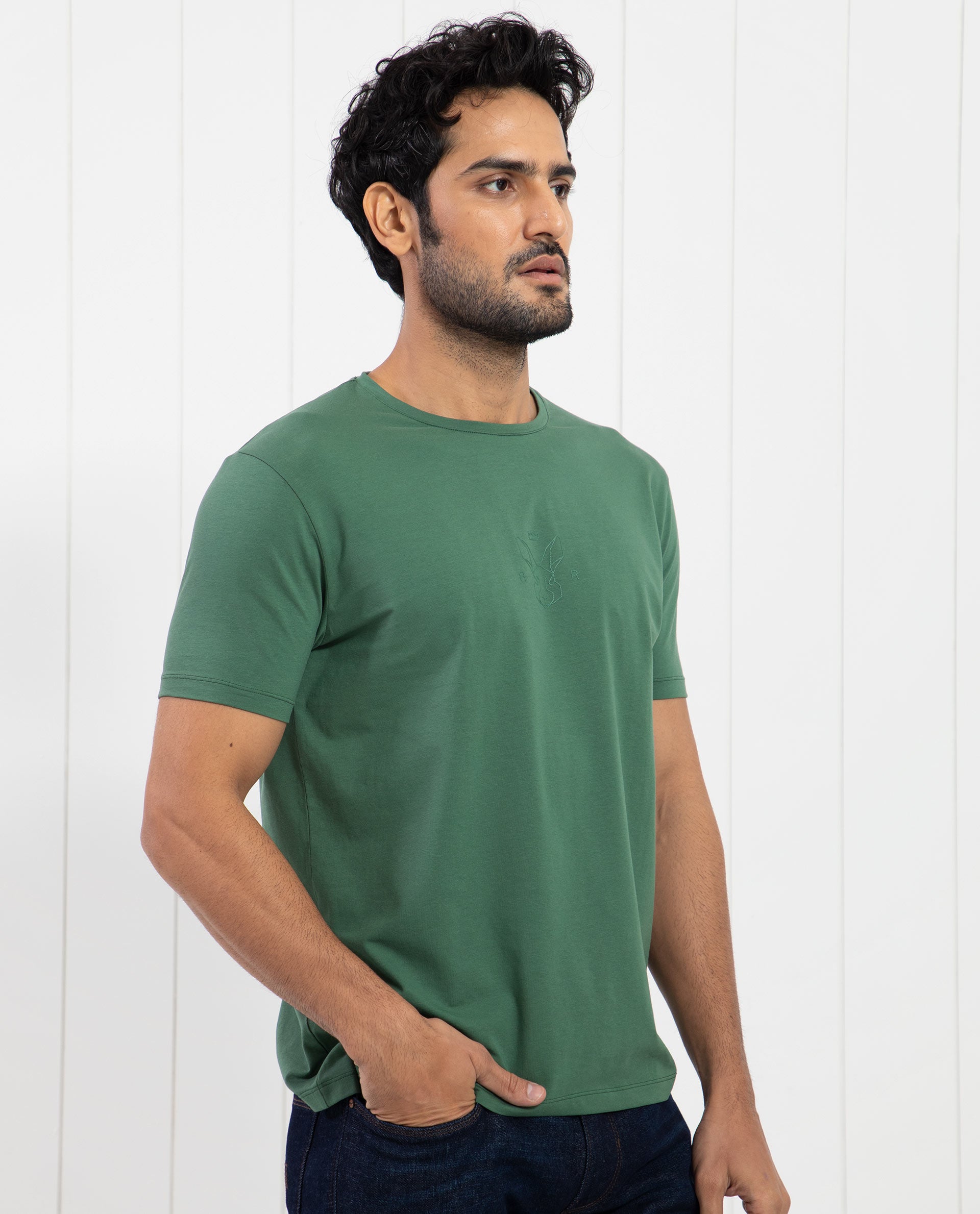 Rare Rabbit Men's Oval-1 Dusky Green Crew Neck Half Sleeves Regular Fit Twill HD Logo Print T-Shirt