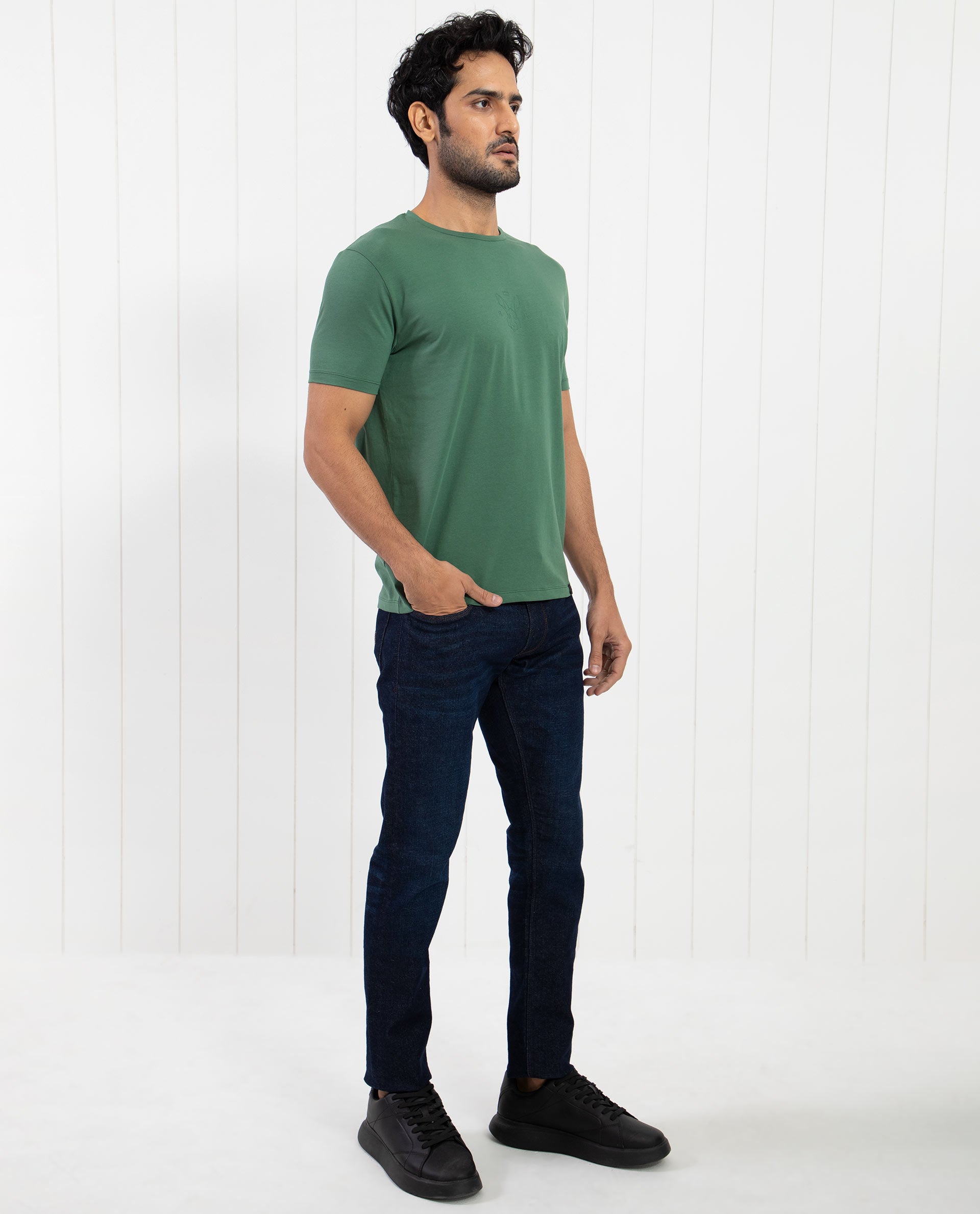 Rare Rabbit Men's Oval-1 Dusky Green Crew Neck Half Sleeves Regular Fit Twill HD Logo Print T-Shirt