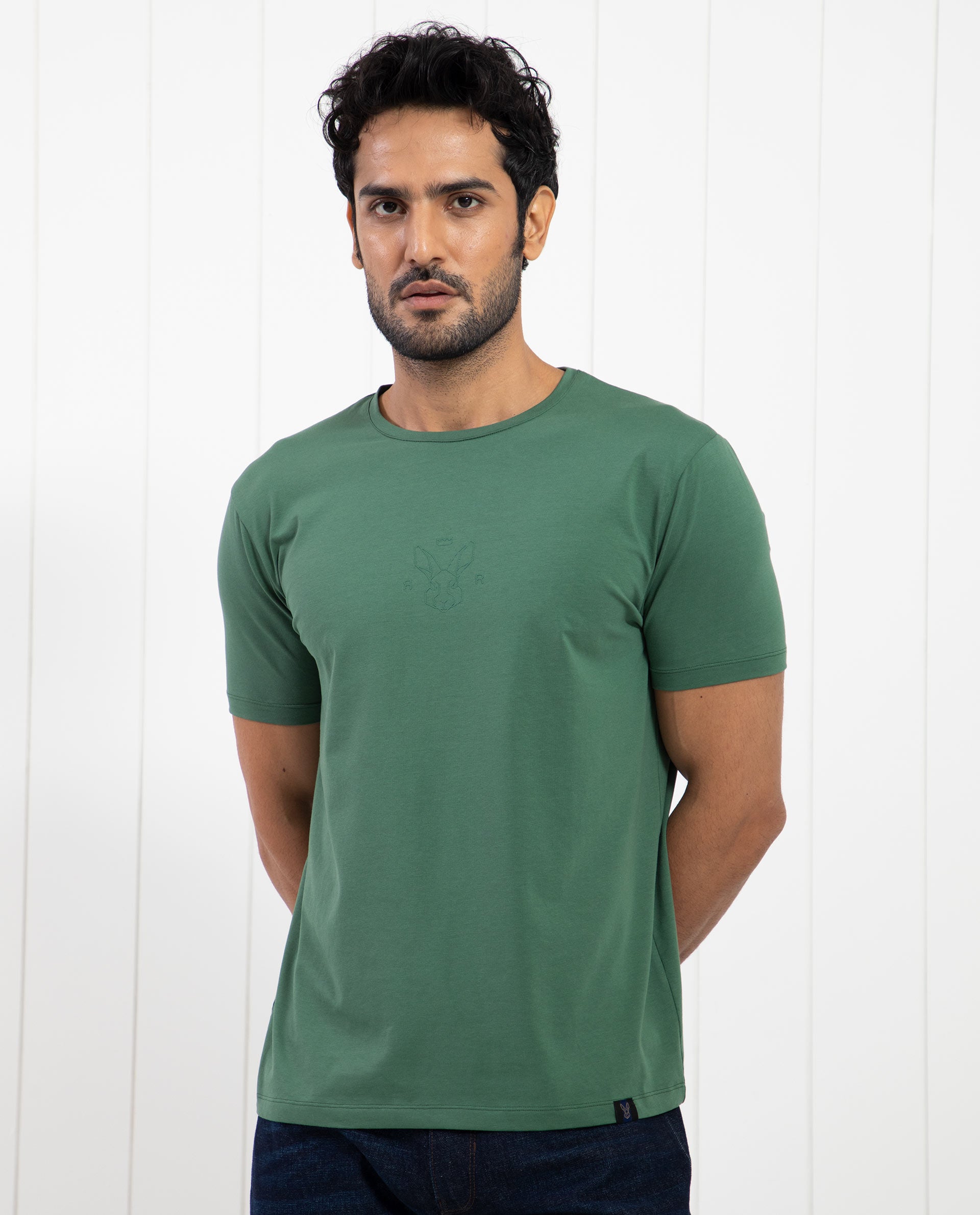 Rare Rabbit Men's Oval-1 Dusky Green Crew Neck Half Sleeves Regular Fit Twill HD Logo Print T-Shirt