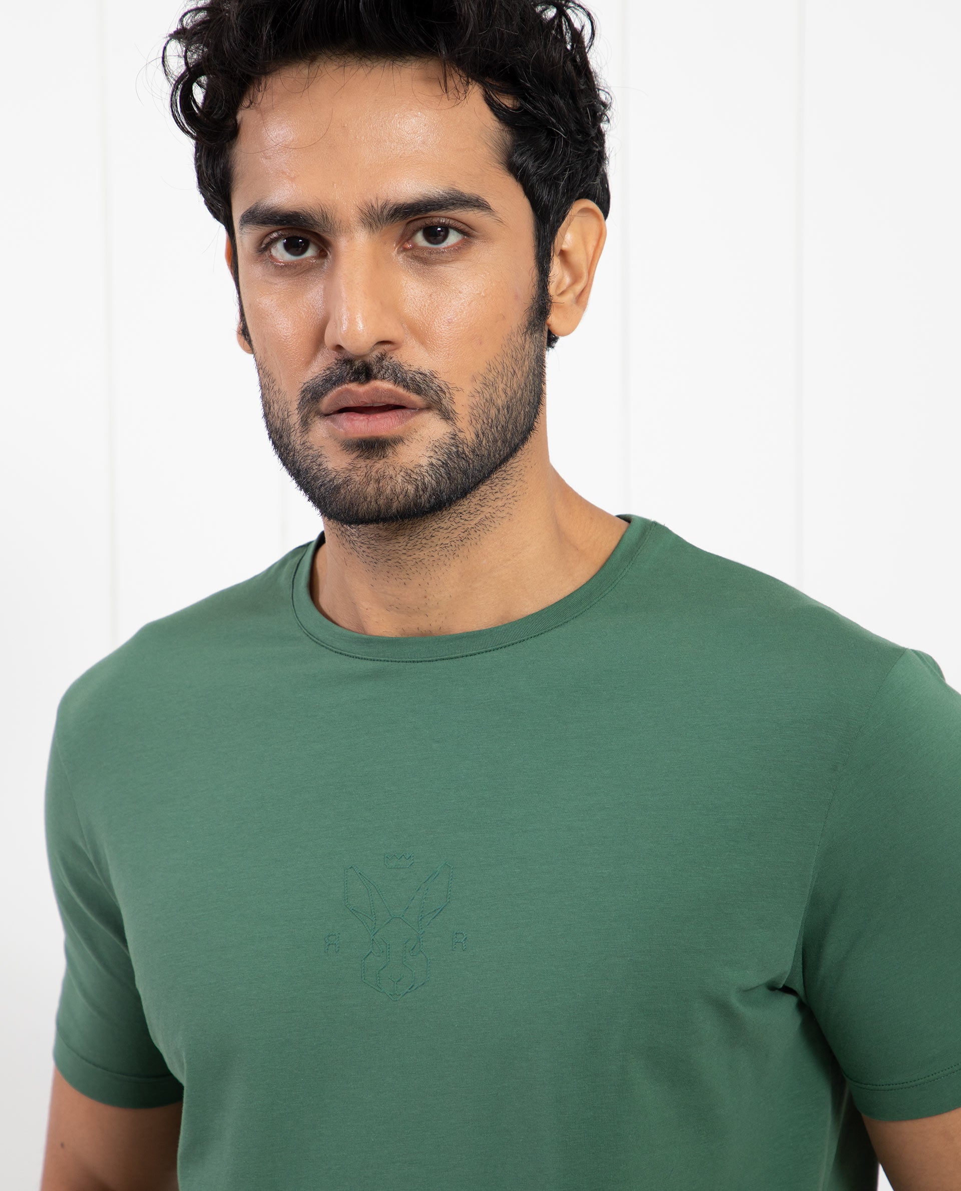 Rare Rabbit Men's Oval-1 Dusky Green Crew Neck Half Sleeves Regular Fit Twill HD Logo Print T-Shirt