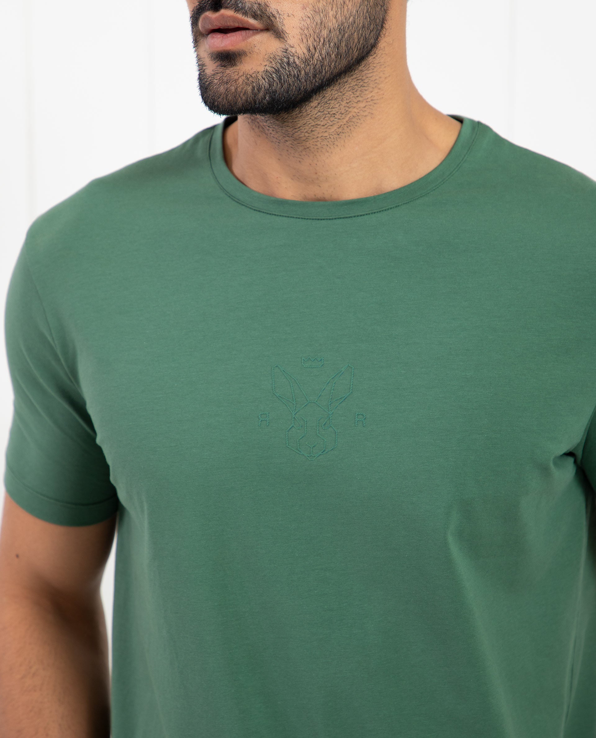 Rare Rabbit Men's Oval-1 Dusky Green Crew Neck Half Sleeves Regular Fit Twill HD Logo Print T-Shirt