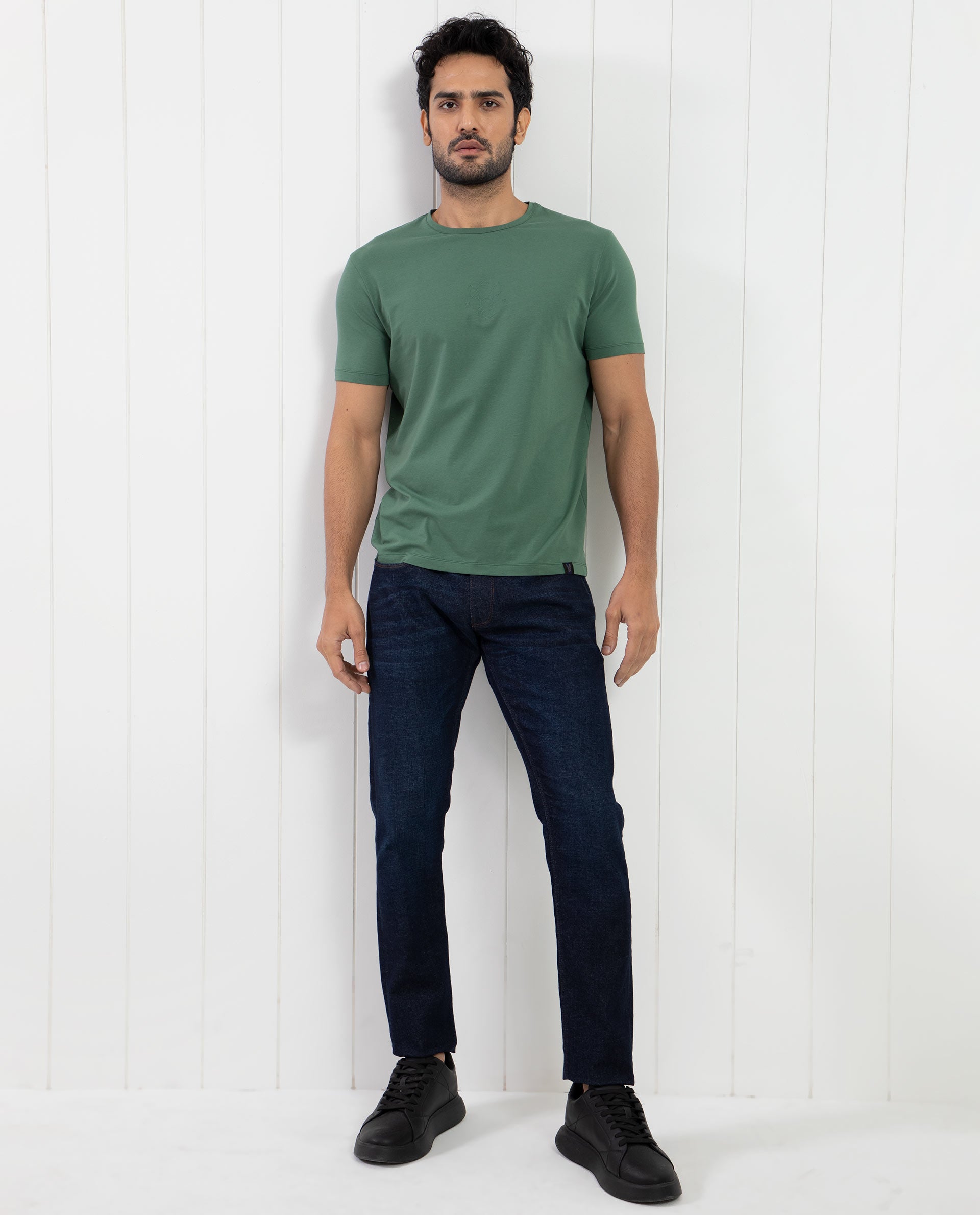 Rare Rabbit Men's Oval-1 Dusky Green Crew Neck Half Sleeves Regular Fit Twill HD Logo Print T-Shirt