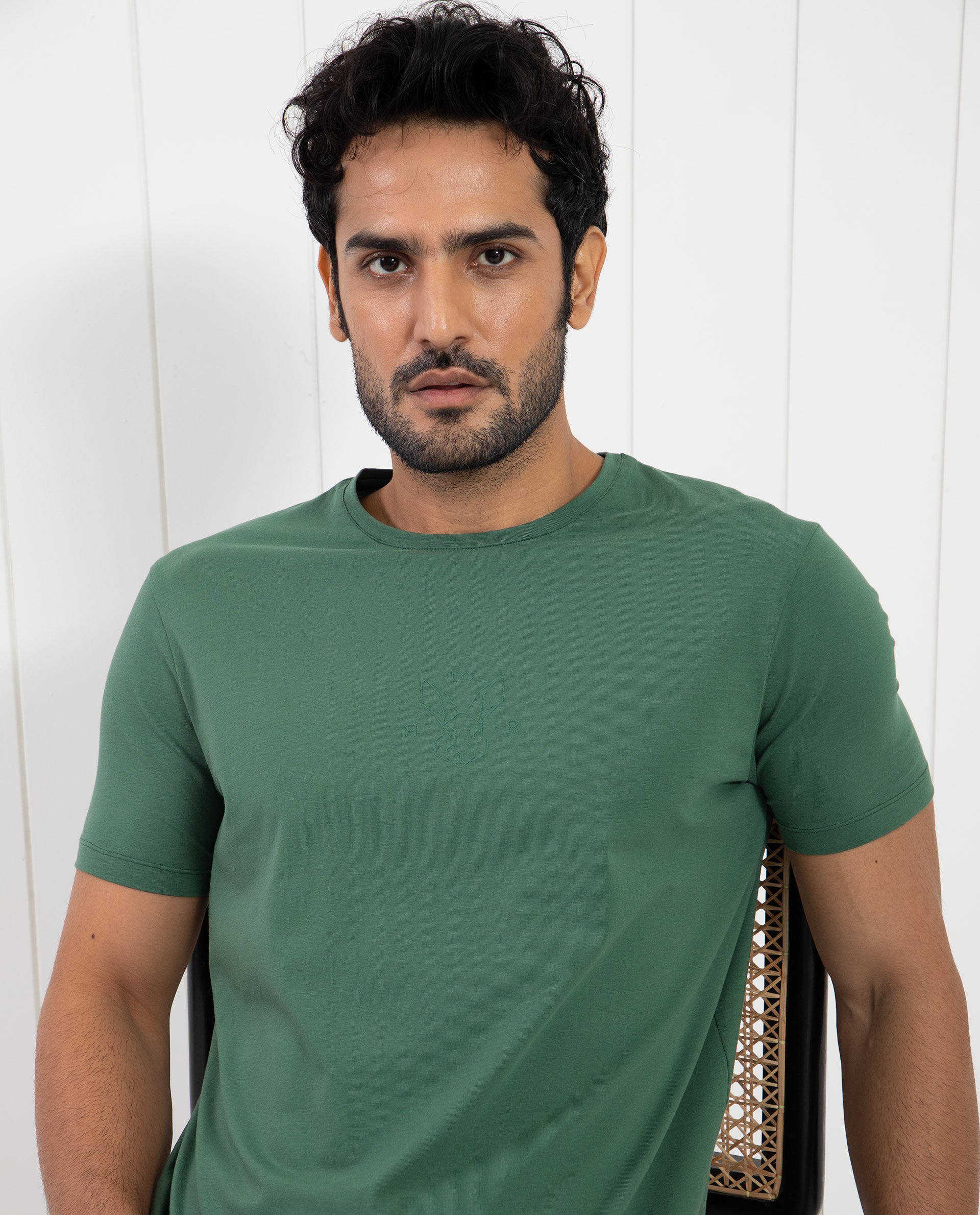 Rare Rabbit Men's Oval-1 Dusky Green Crew Neck Half Sleeves Regular Fit Twill HD Logo Print T-Shirt