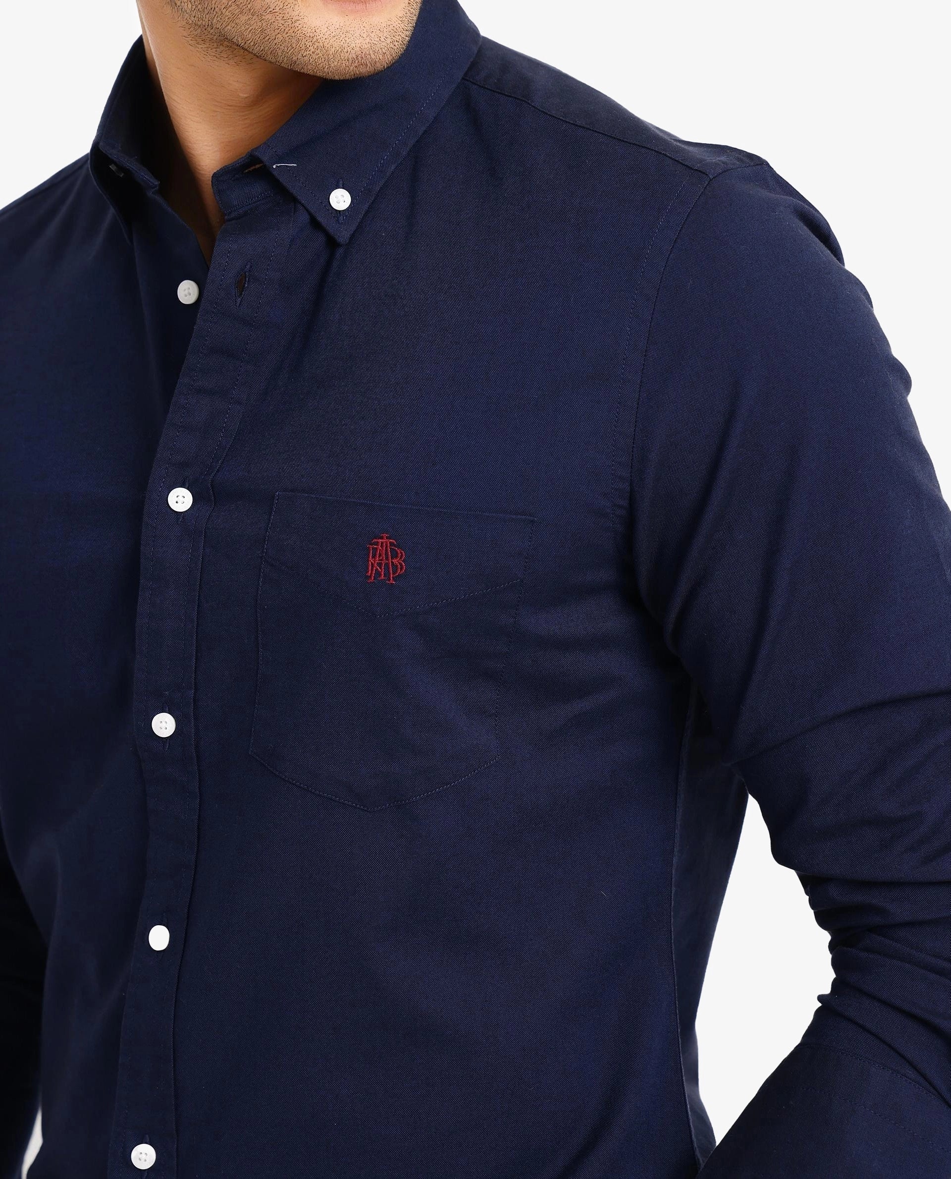 Rare Rabbit Men Oxob Navy Full Sleeve Collared Neck Button Closure Regular Fit Plain Shirt