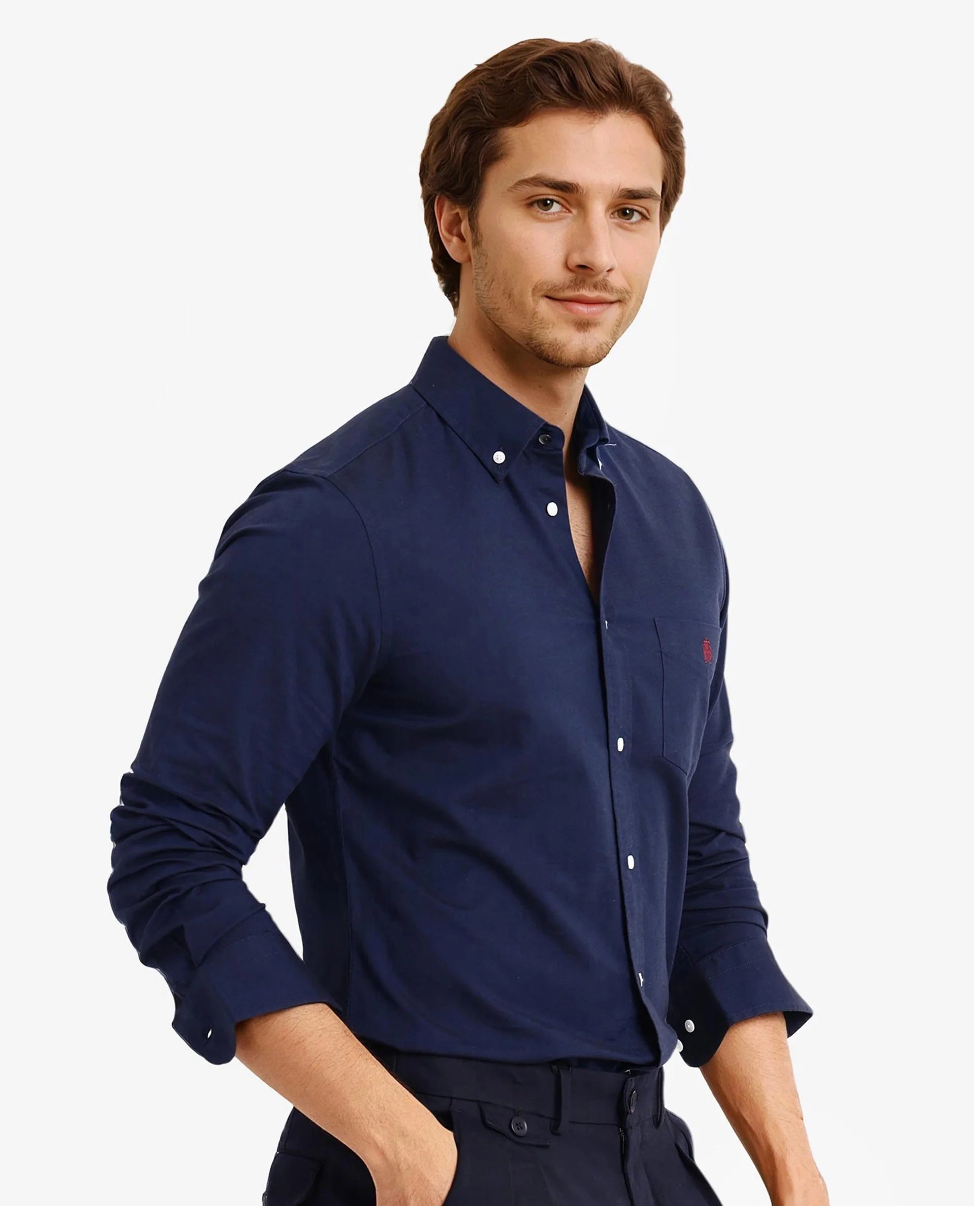 Rare Rabbit Men Oxob Navy Full Sleeve Collared Neck Button Closure Regular Fit Plain Shirt