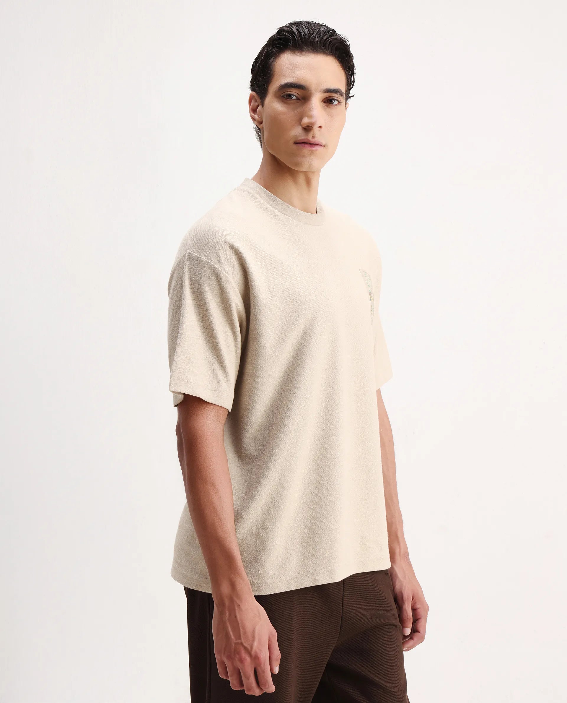 Rare Rabbit Men's Oxo Beige Cotton Embroidered Oversized Fit Half Sleeve Crew Neck T-Shirt