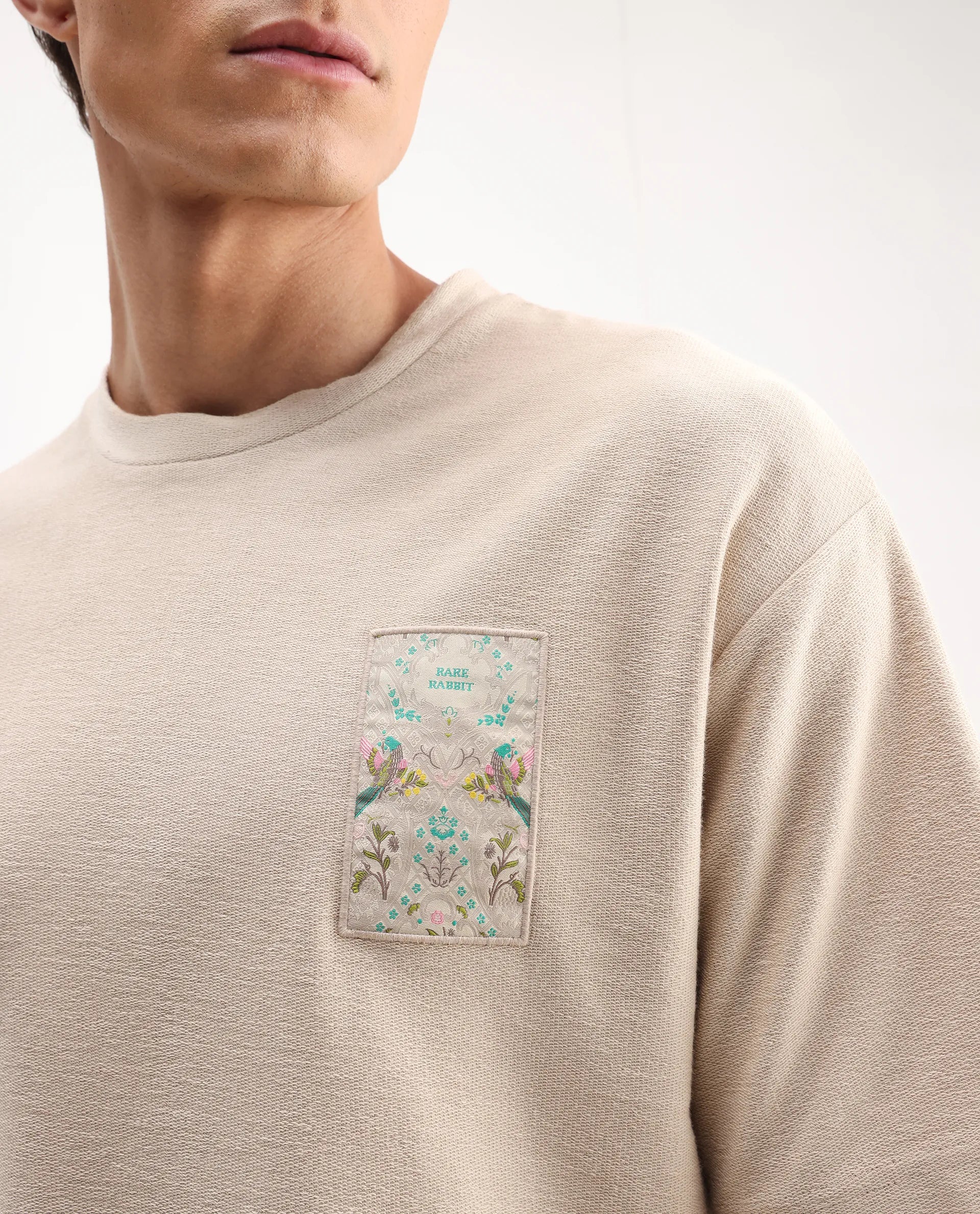 Rare Rabbit Men's Oxo Beige Cotton Embroidered Oversized Fit Half Sleeve Crew Neck T-Shirt