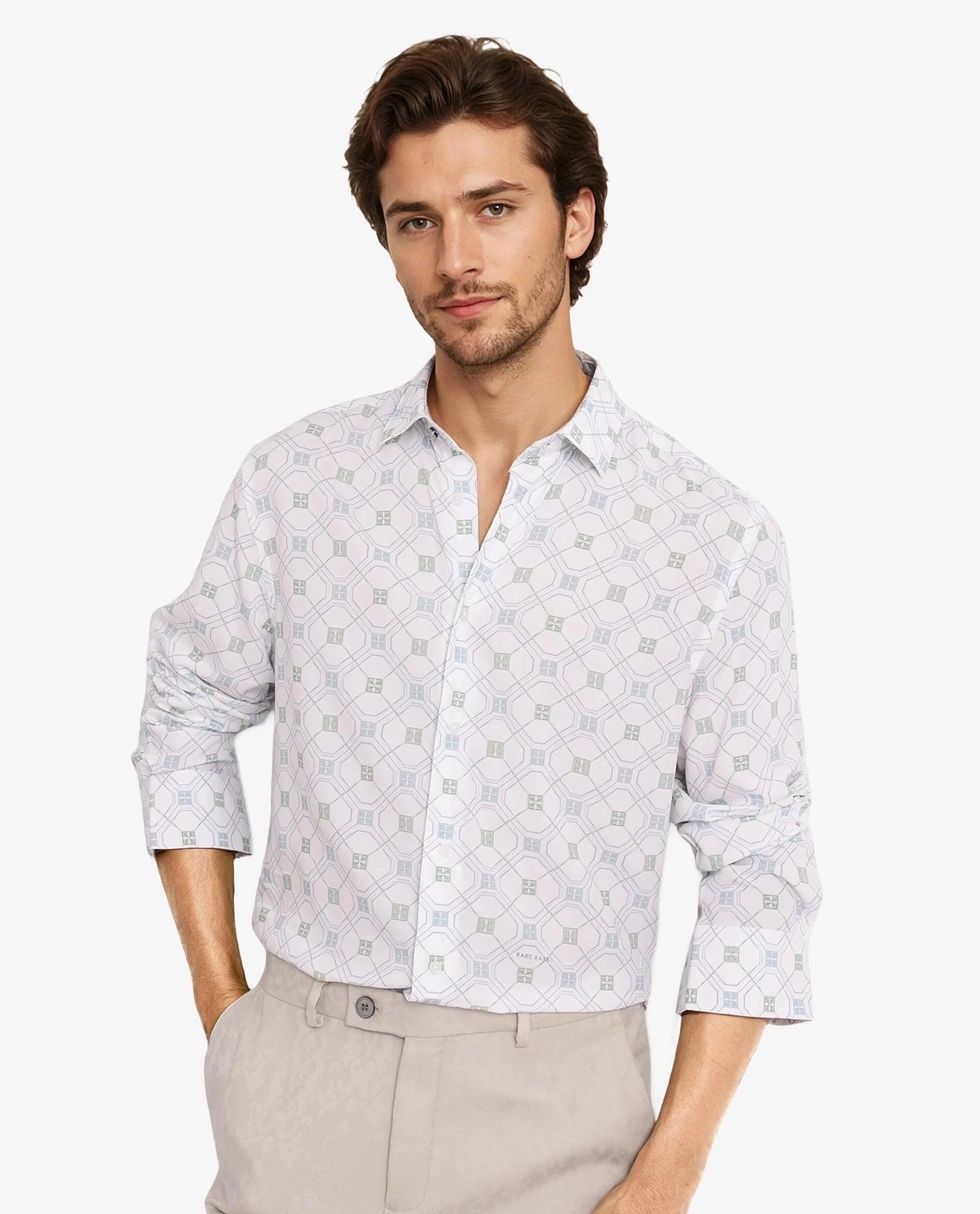 Rare Rabbit Men Paide White Viscose Fabric Regular Fit Geometric Print Shirt