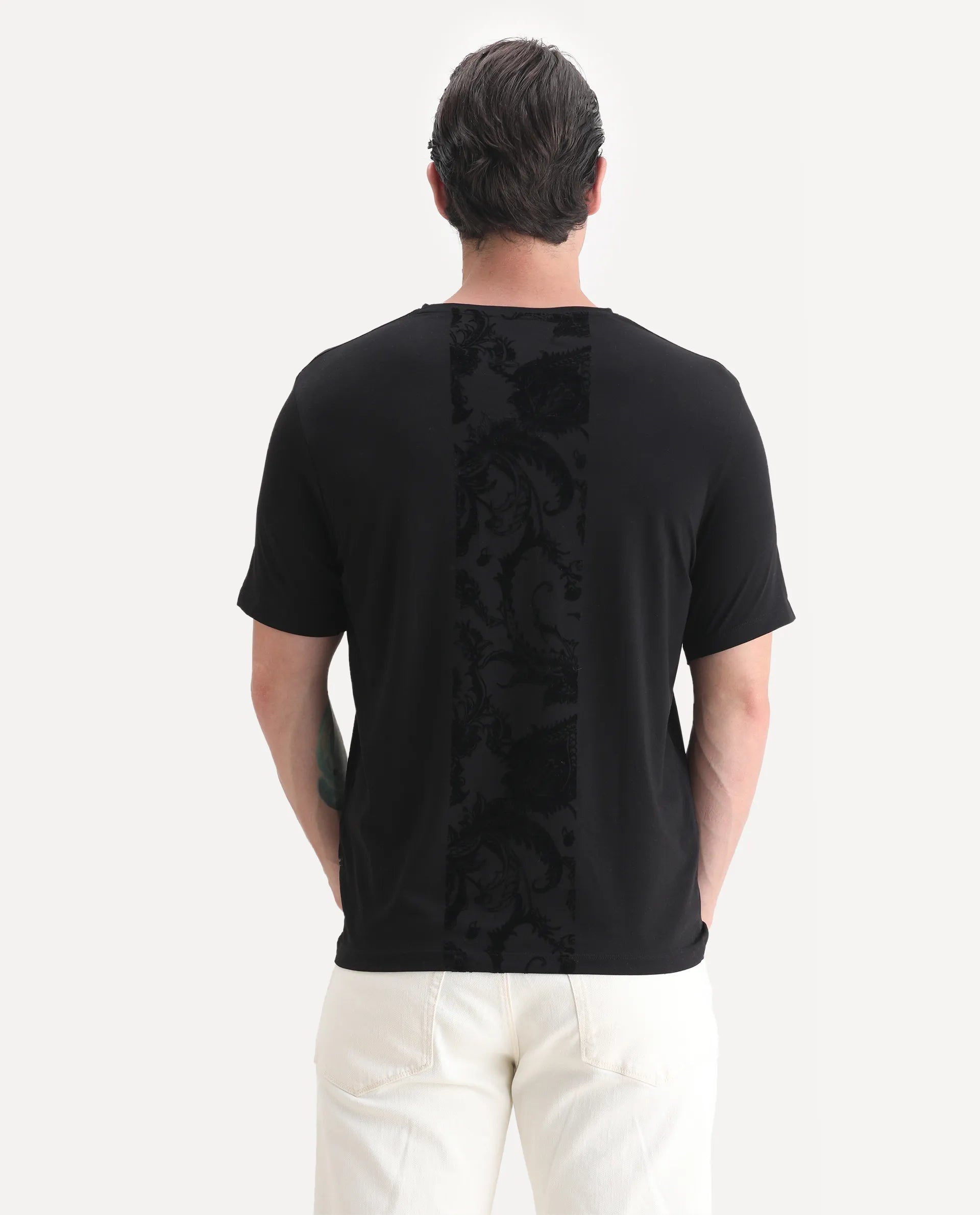 Rare Rabbit Men's Paig Black Cotton Blend Plain Relaxed Fit Half Sleeve Crew Neck T-Shirt