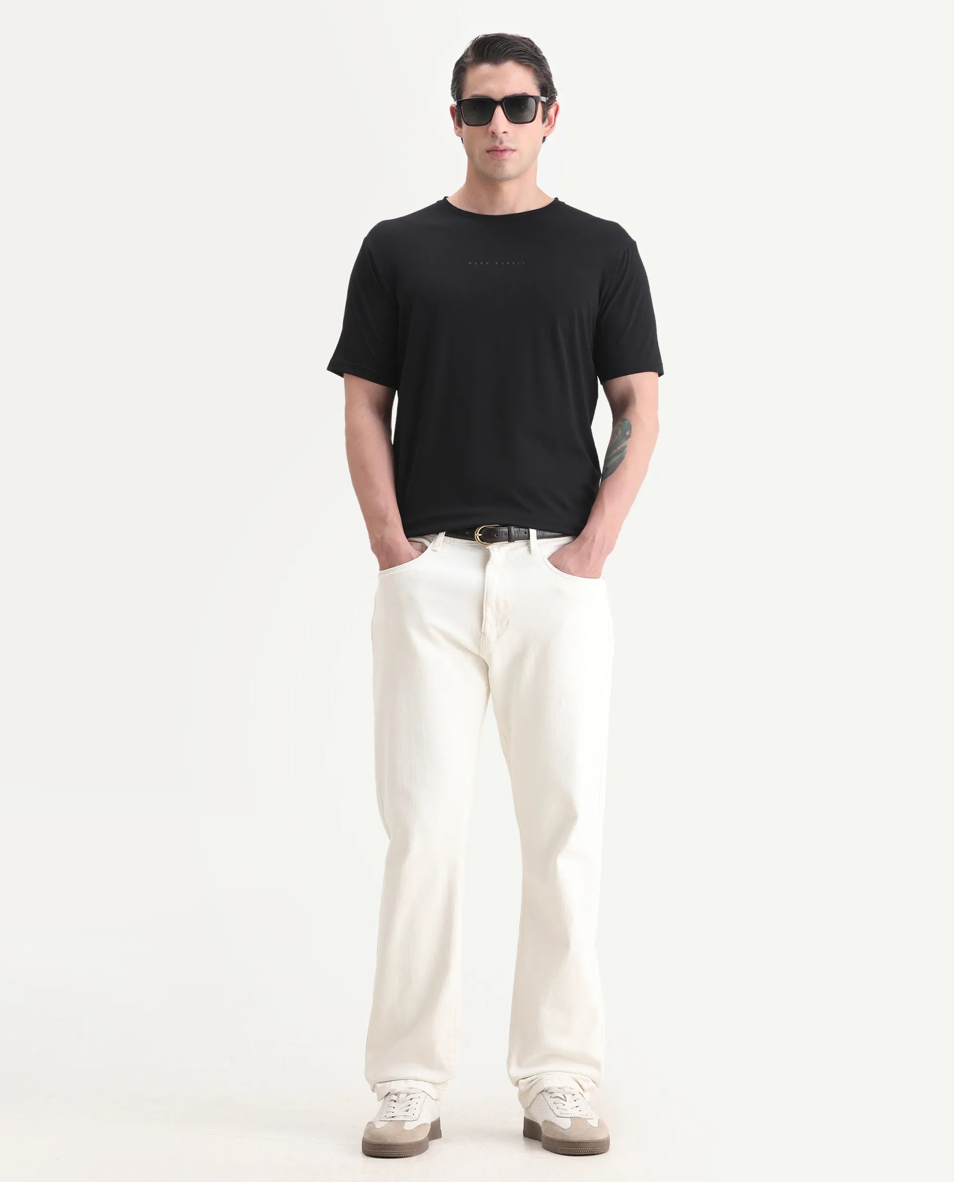 Rare Rabbit Men's Paig Black Cotton Blend Plain Relaxed Fit Half Sleeve Crew Neck T-Shirt