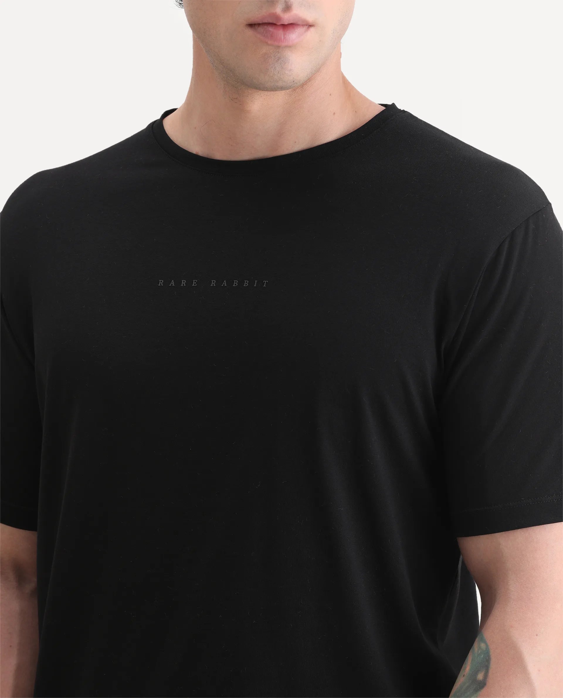 Rare Rabbit Men's Paig Black Cotton Blend Plain Relaxed Fit Half Sleeve Crew Neck T-Shirt