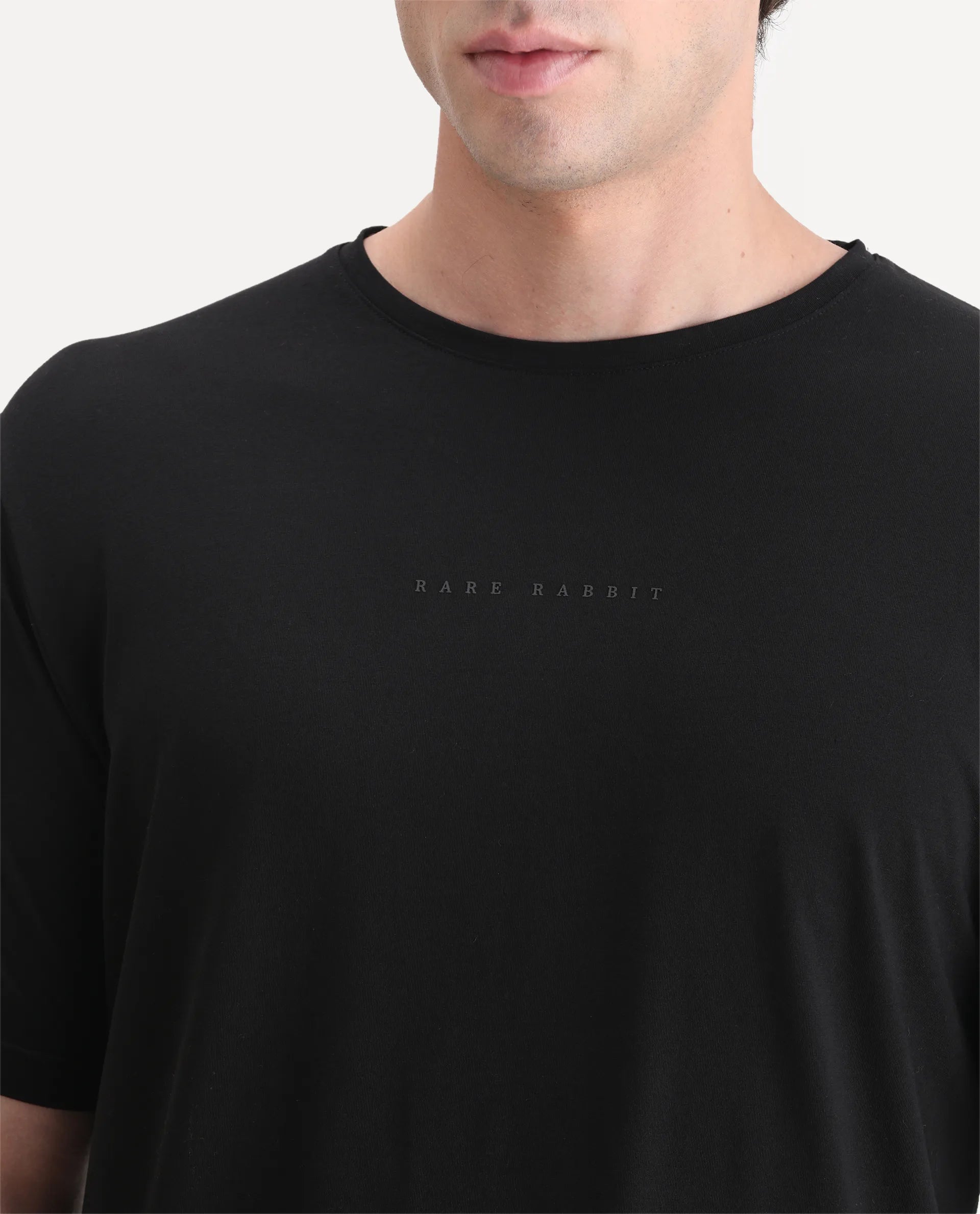 Rare Rabbit Men's Paig Black Cotton Blend Plain Relaxed Fit Half Sleeve Crew Neck T-Shirt