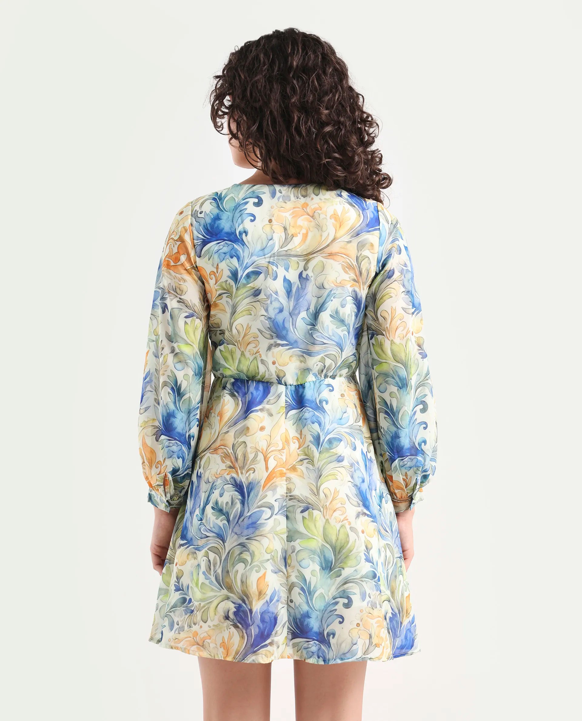 Rareism Women's Paistley Pastel Pink Polyester V-Neck Abstract Print Bishop Sleeve Mini Fit And Flare Dress