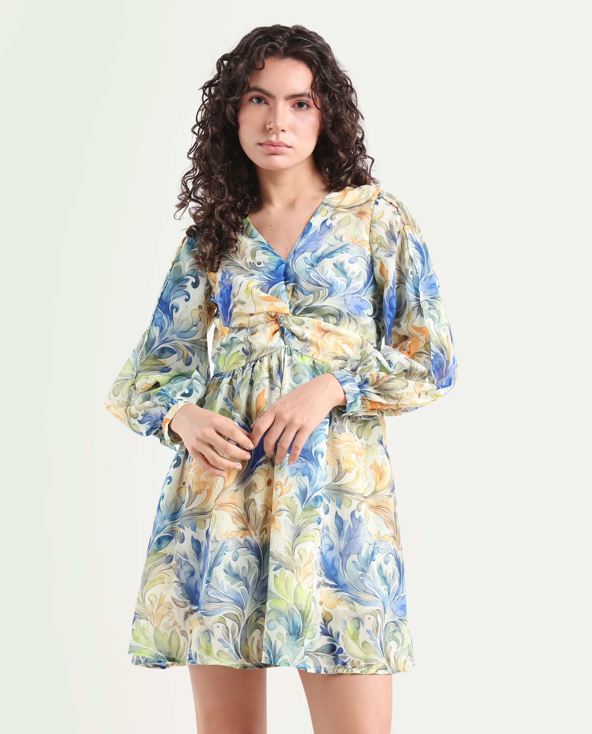 Rareism Women's Paistley Pastel Pink Polyester V-Neck Abstract Print Bishop Sleeve Mini Fit And Flare Dress