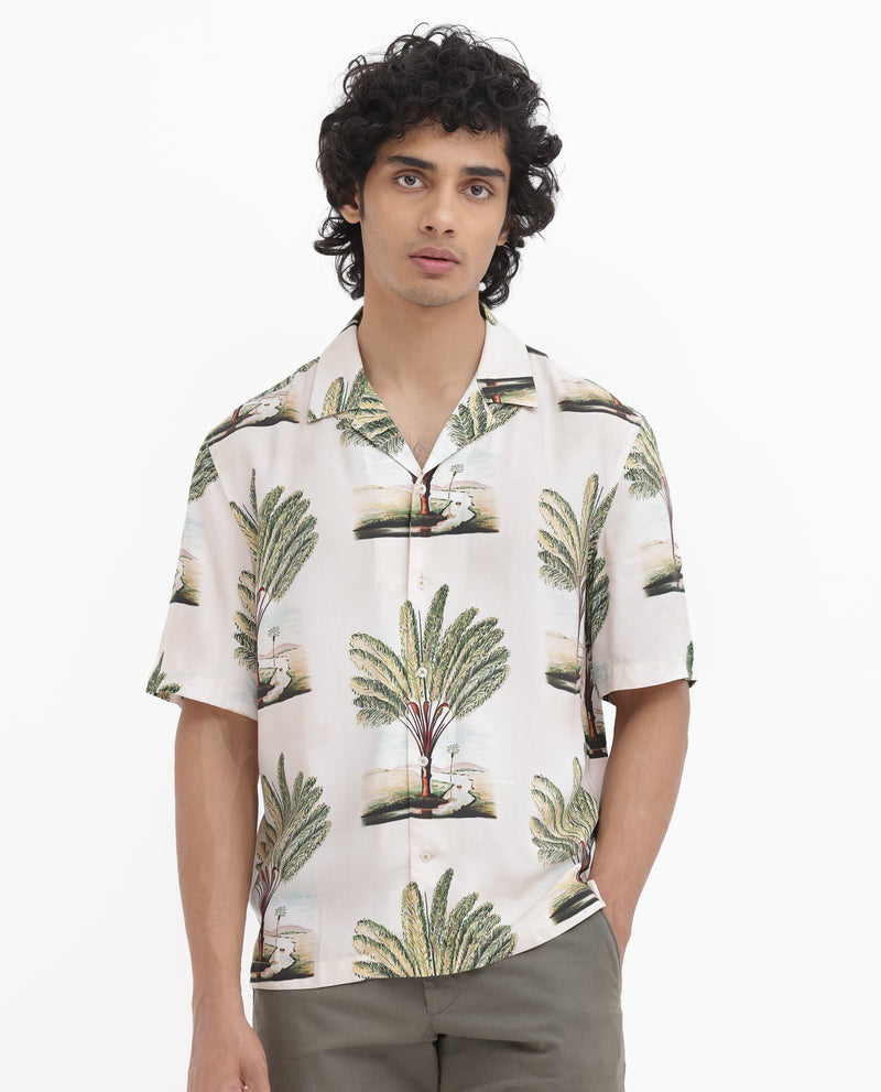 Rare Rabbit Men's Palamo Beige Viscose Fabric Cuban Collar Half Sleeves Boxy Fit Tropical Print Shirt