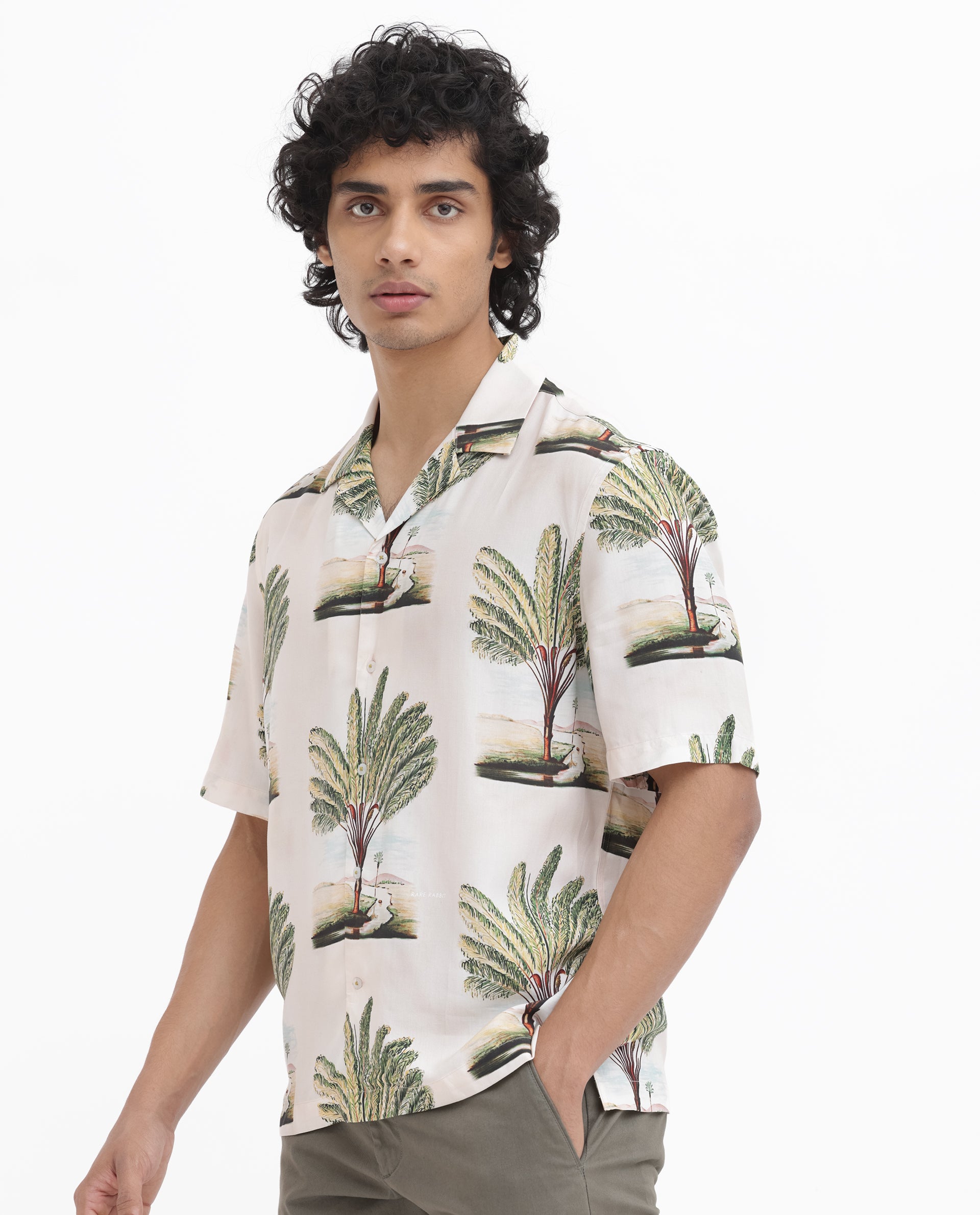 Rare Rabbit Men's Palamo Beige Viscose Fabric Cuban Collar Half Sleeves Boxy Fit Tropical Print Shirt
