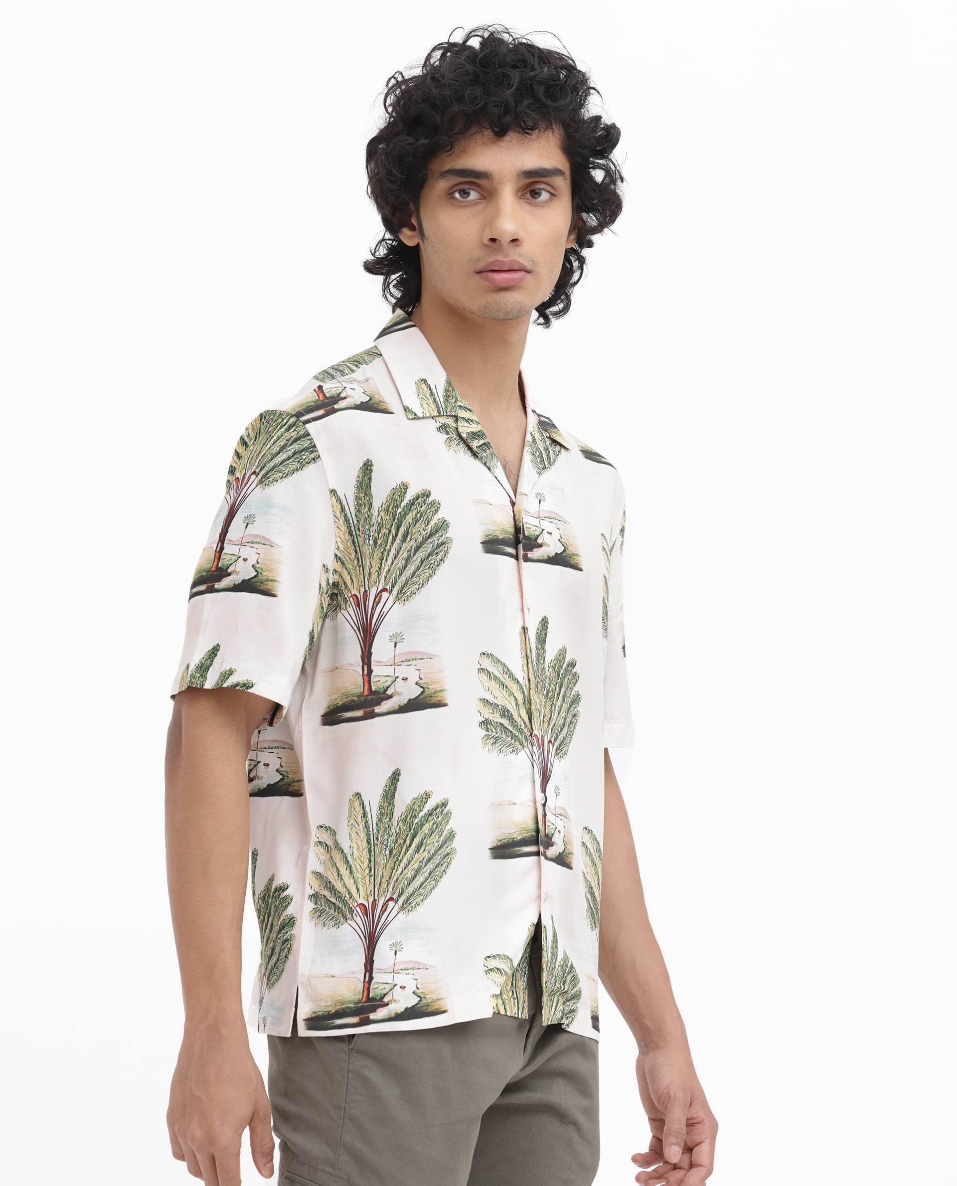 Rare Rabbit Men's Palamo Beige Viscose Fabric Cuban Collar Half Sleeves Boxy Fit Tropical Print Shirt