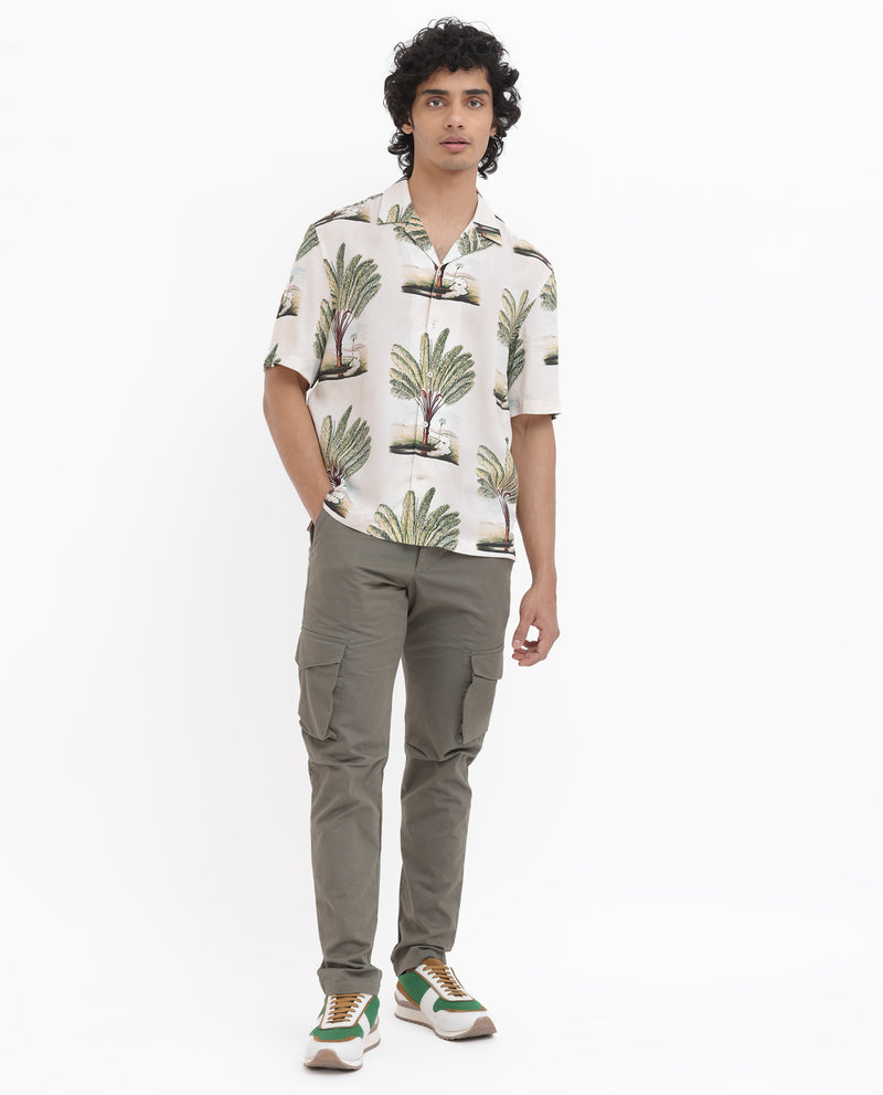 Rare Rabbit Men's Palamo Beige Viscose Fabric Cuban Collar Half Sleeves Tropical Print Shirt